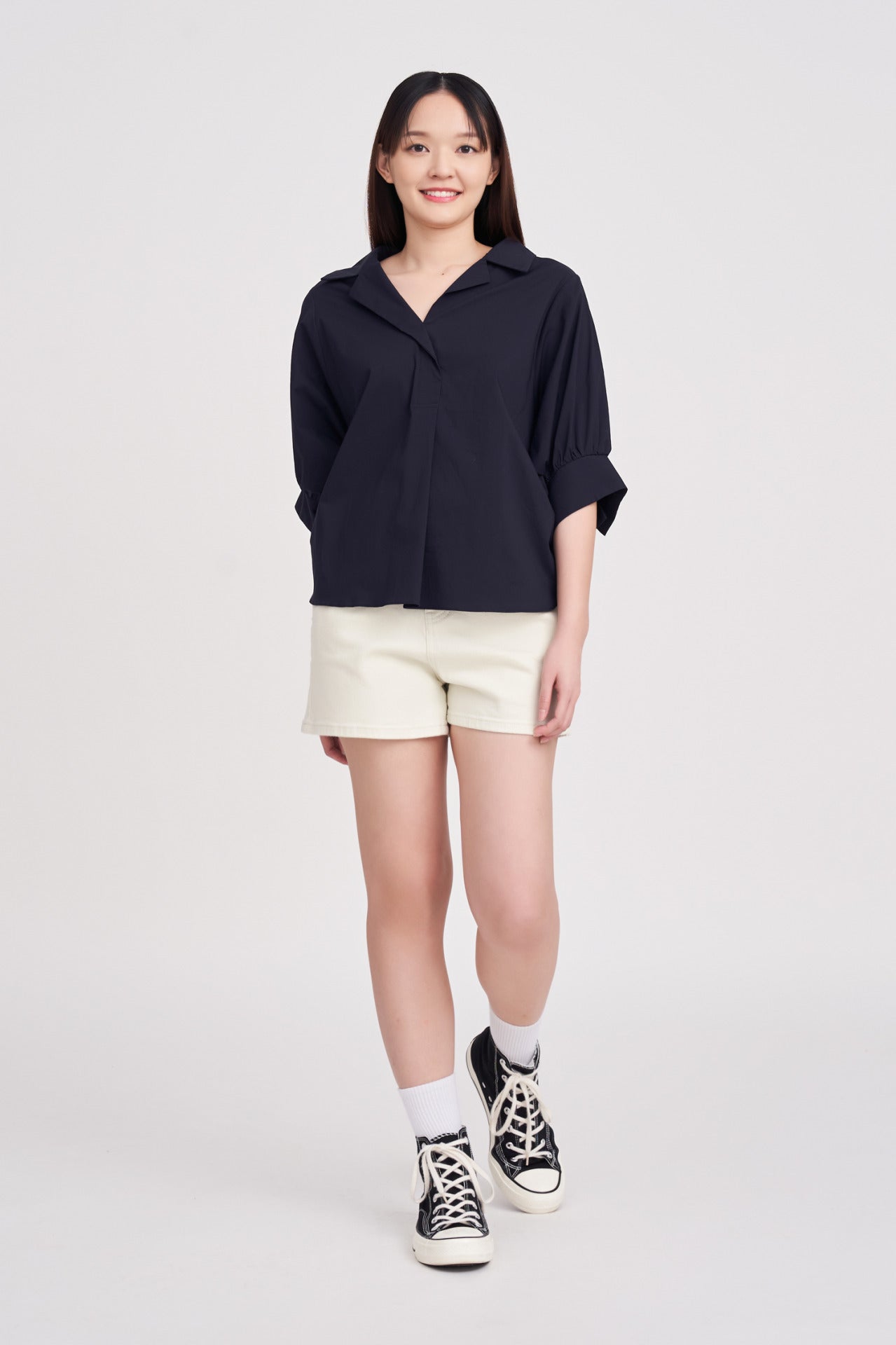 Cotton Puff Sleeve Blouse - Navy