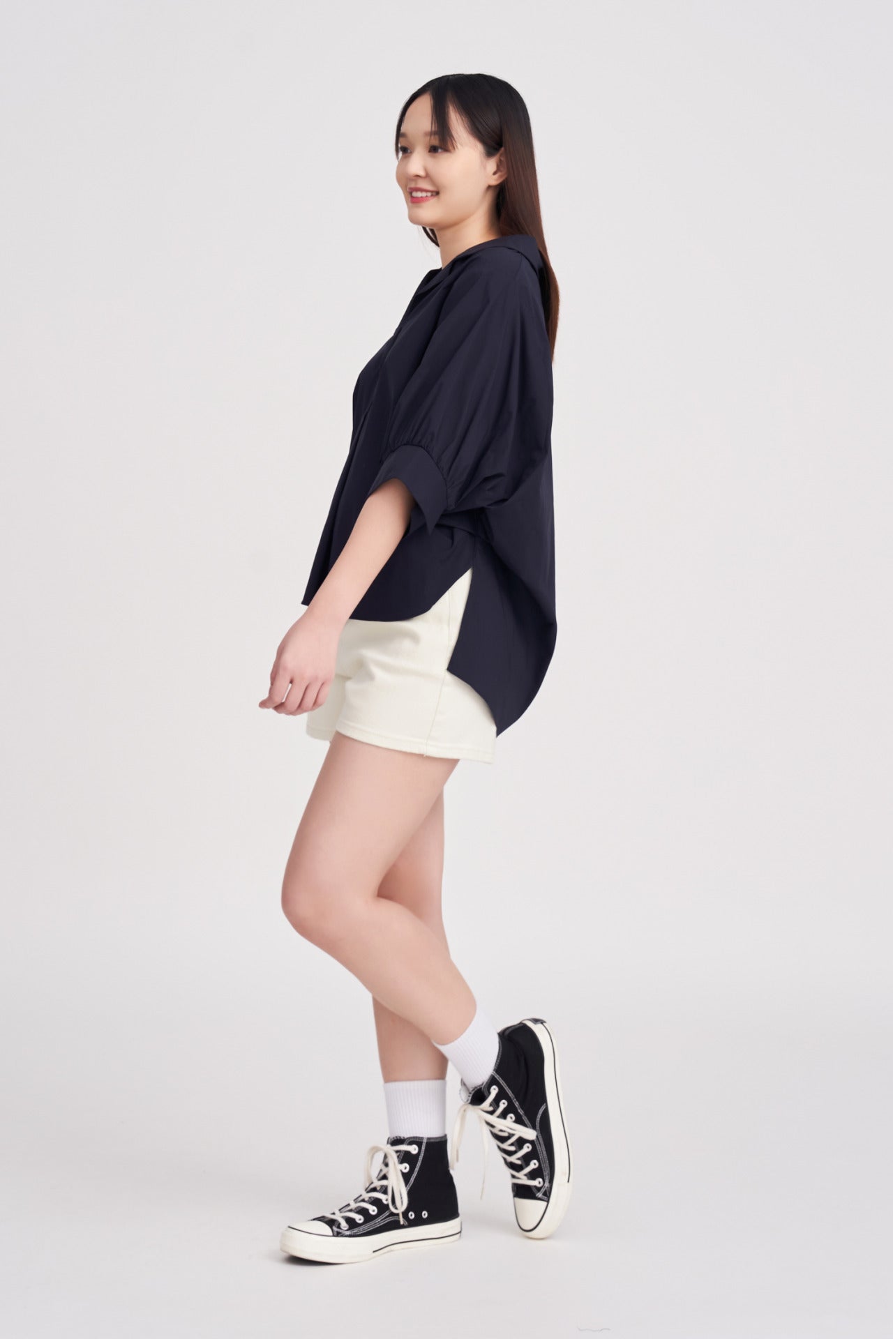 Cotton Puff Sleeve Blouse - Navy