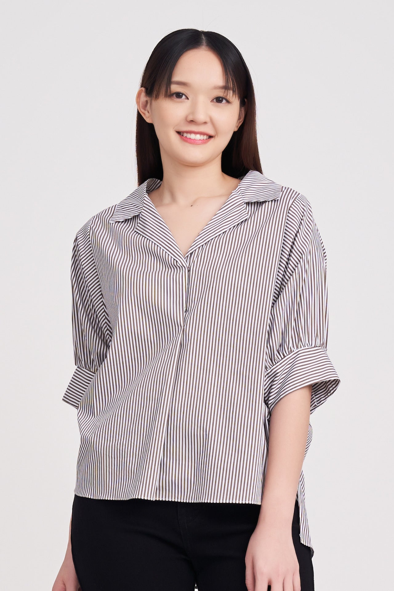 Cotton Striped Puff Sleeve Blouse - Cocoa Stripes