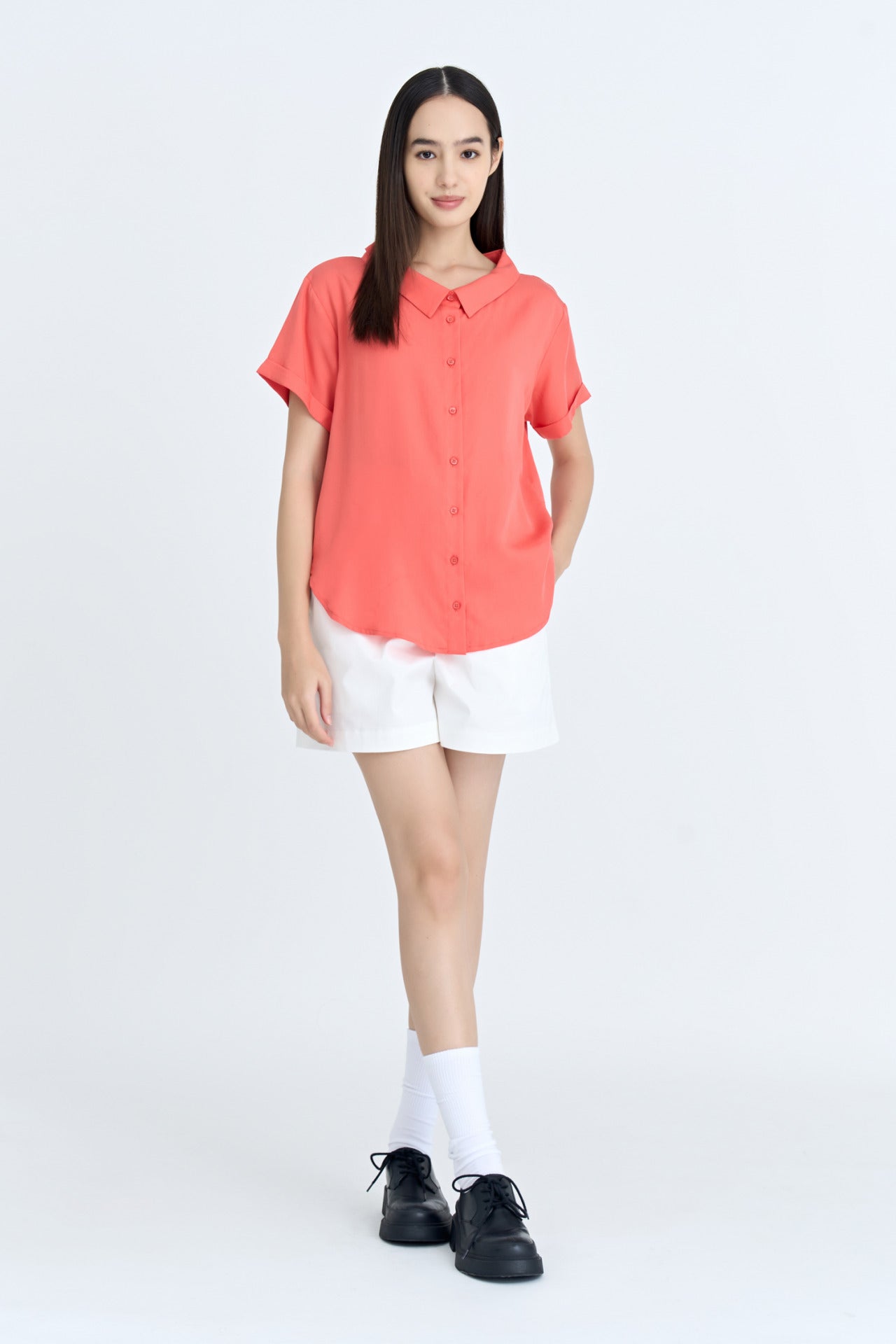 Button Up Cap Sleeve Blouse - Tomato