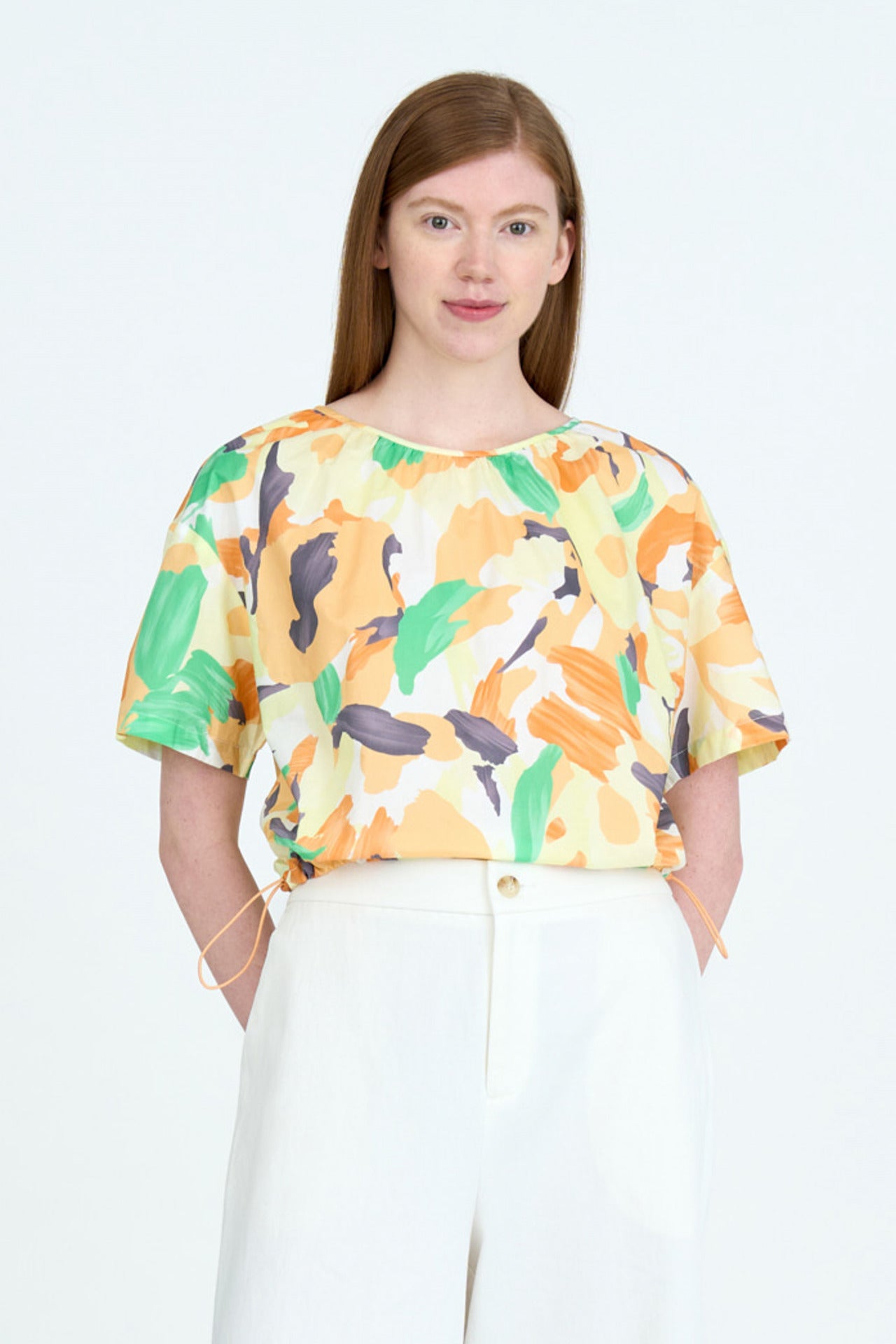 Floral Gathered Drawcord Blouse - Floral Canary