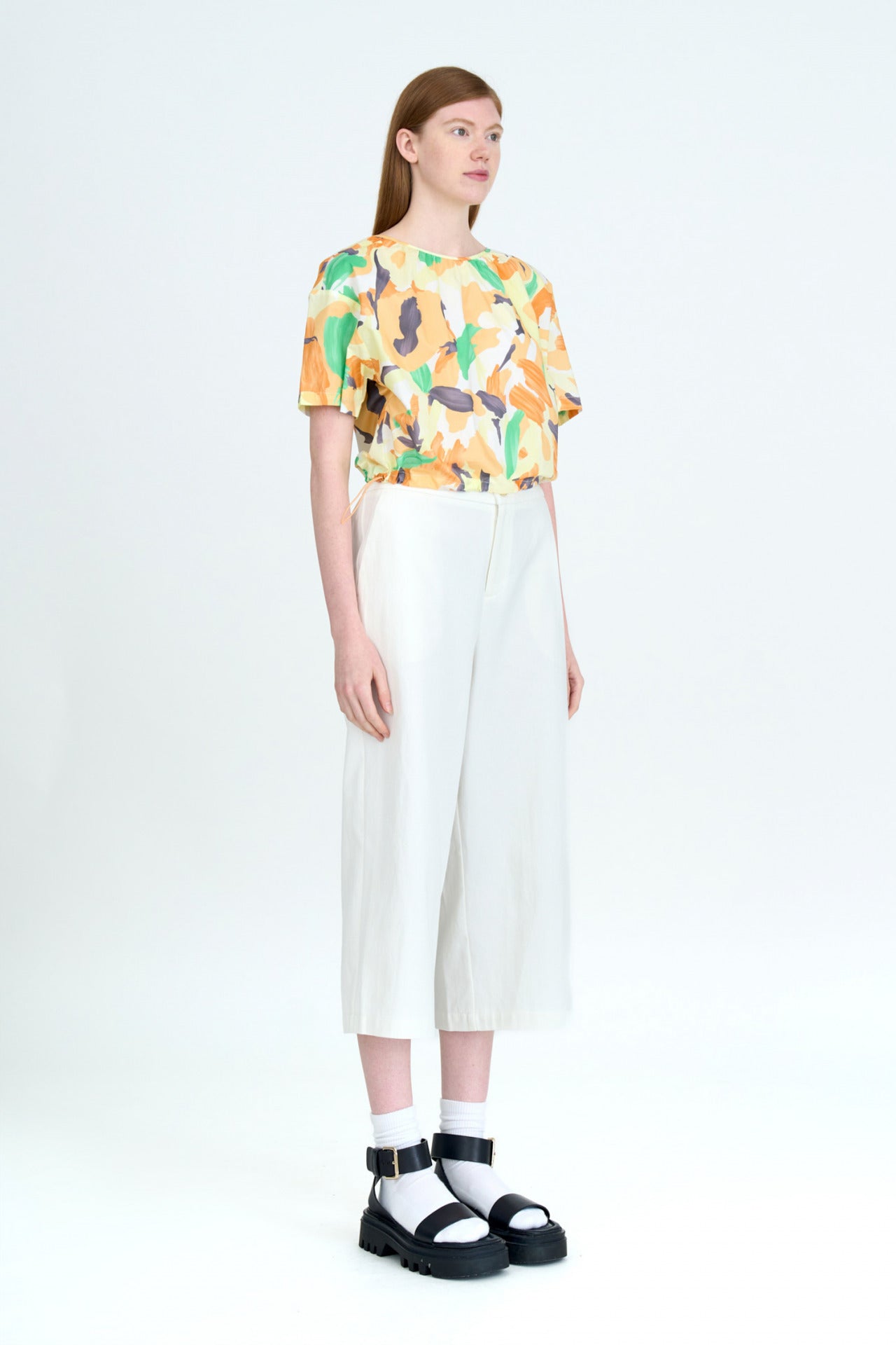 Floral Gathered Drawcord Blouse - Floral Canary