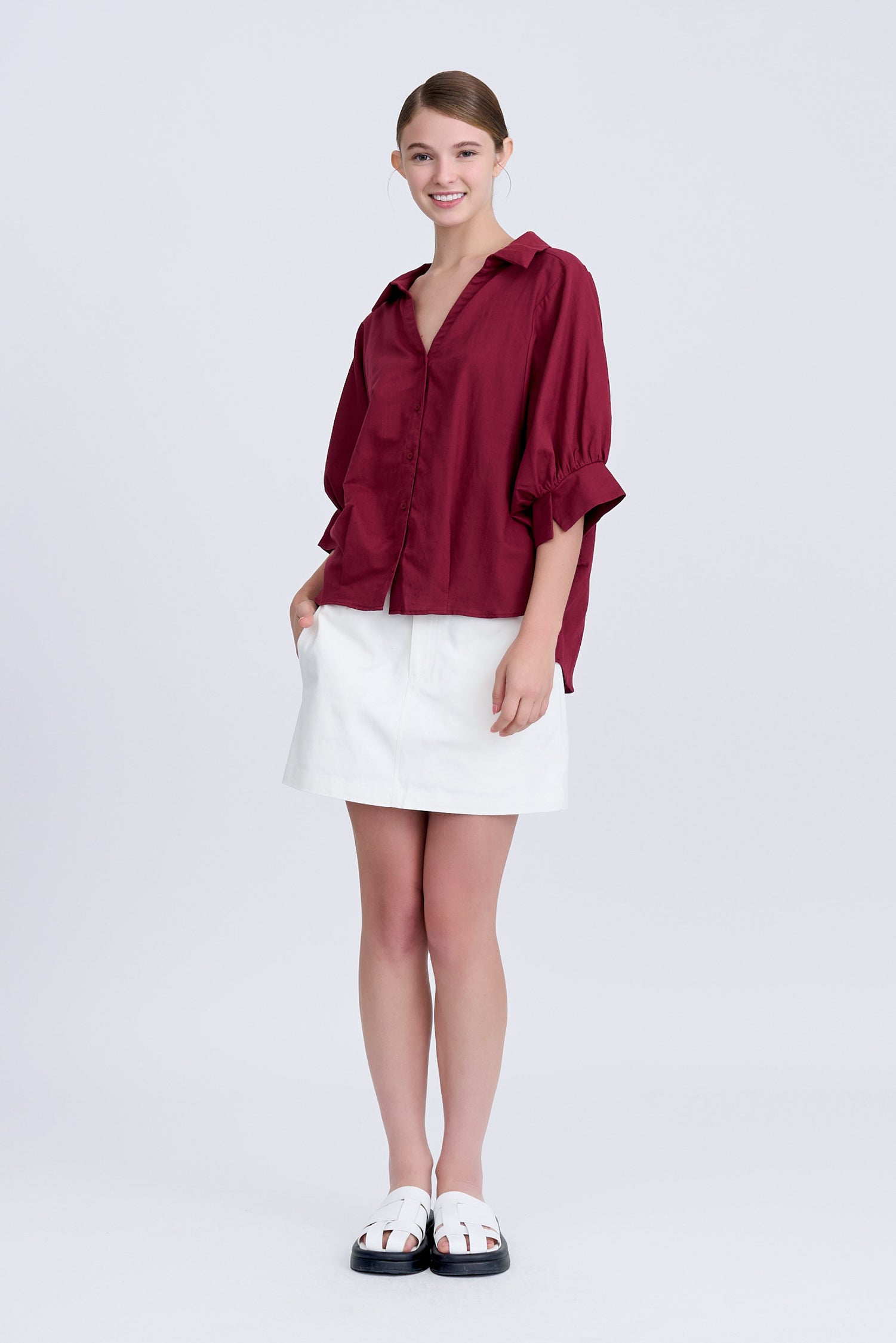 Oversized Puff Sleeve Blouse - Burgundy