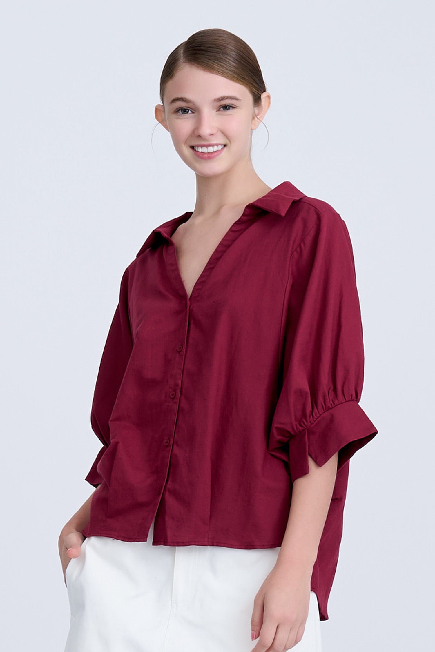 Oversized Puff Sleeve Blouse - Burgundy