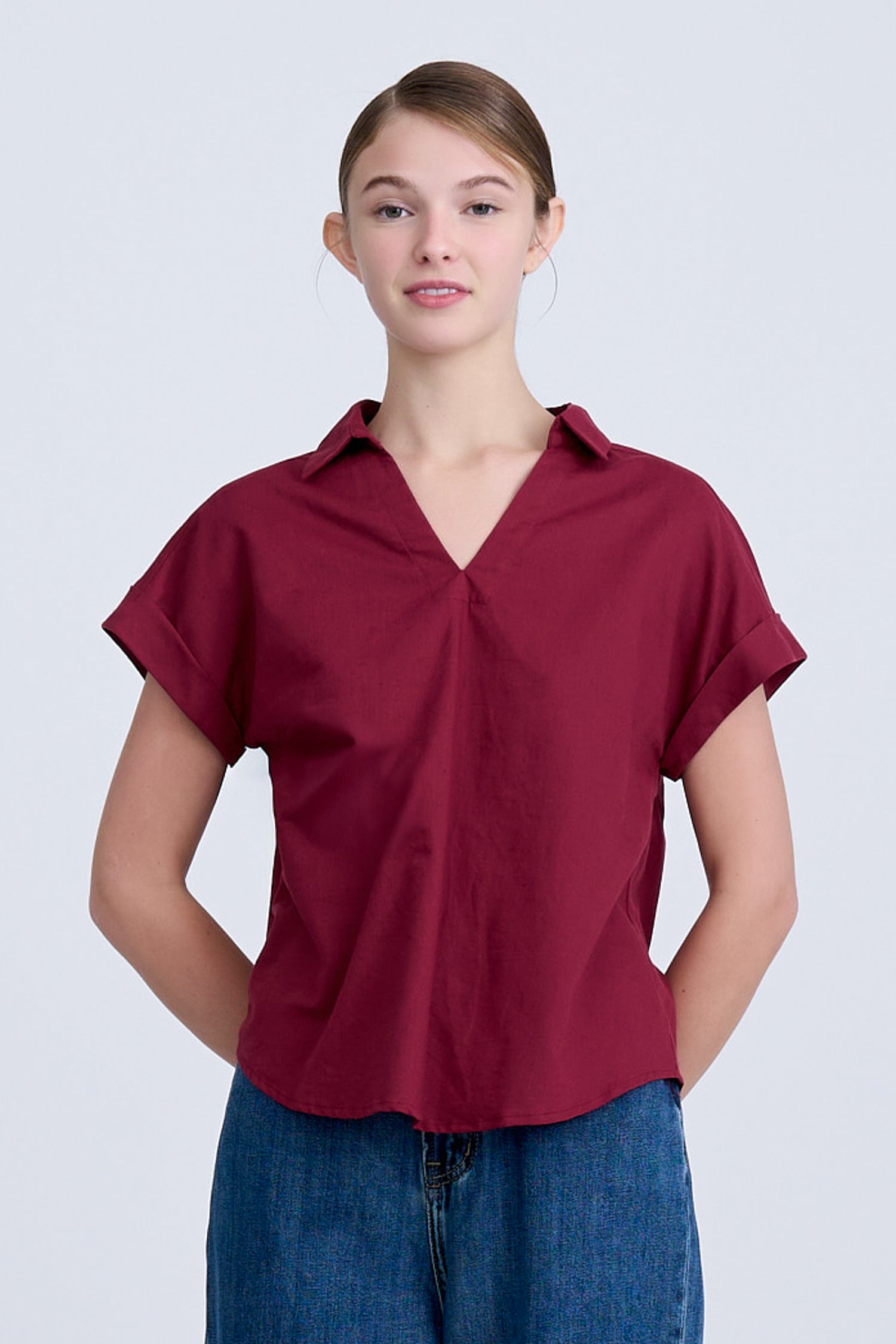 V-Collared Cap Sleeve Blouse - Pink