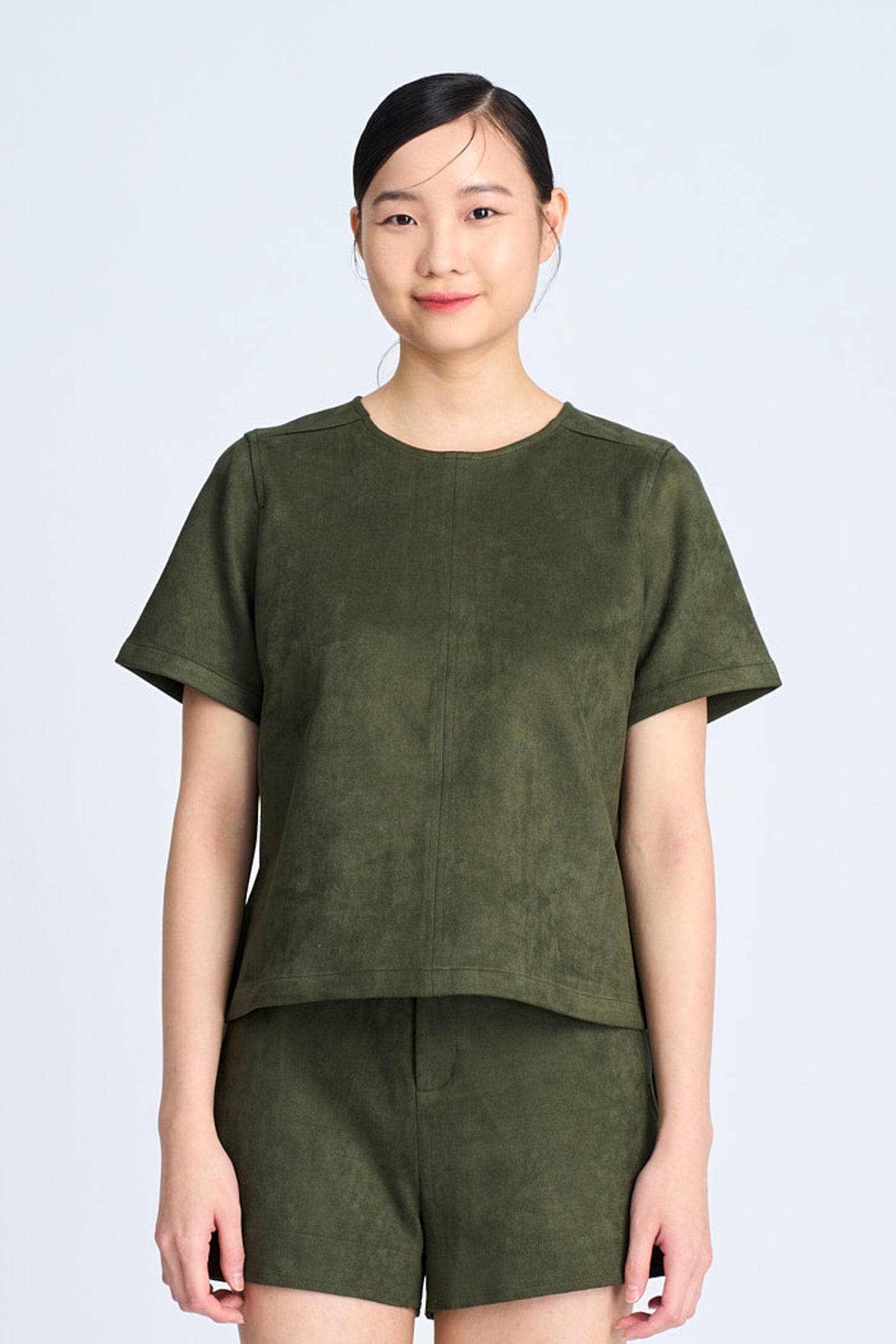 Suede Short Sleeve Blouse - Army Green