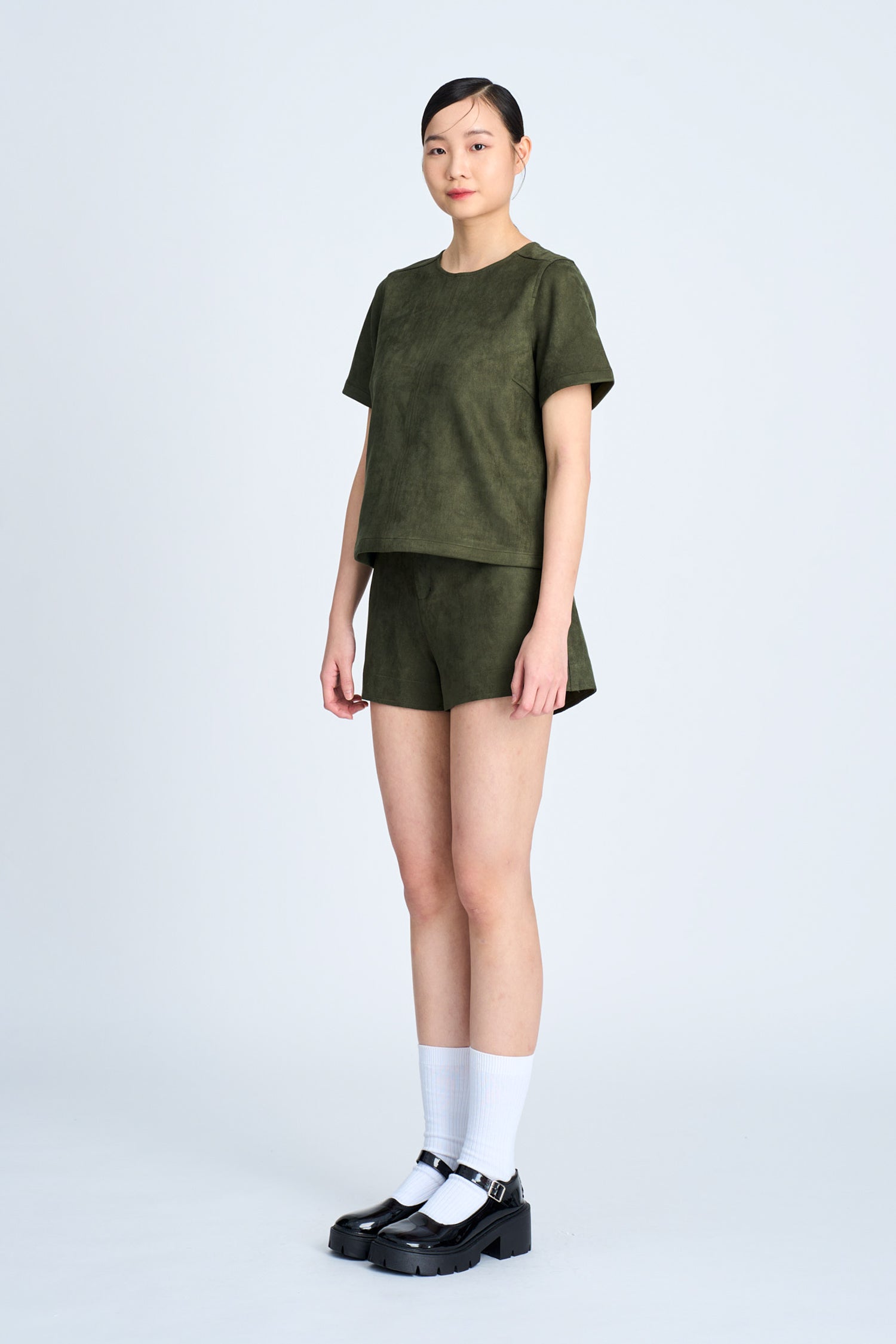 Suede Short Sleeve Blouse - Army Green