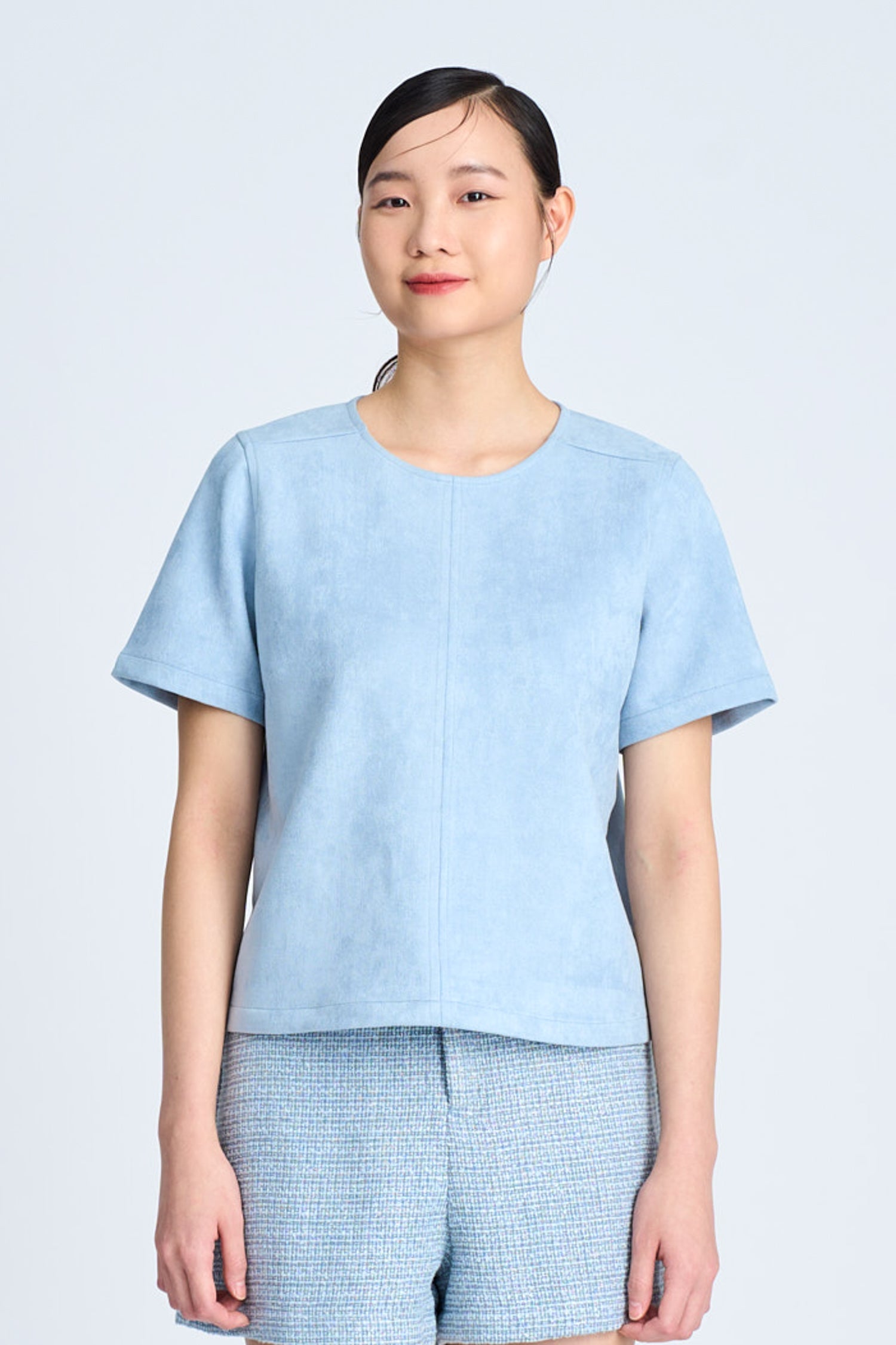 Suede Short Sleeve Blouse - Dusty Blue