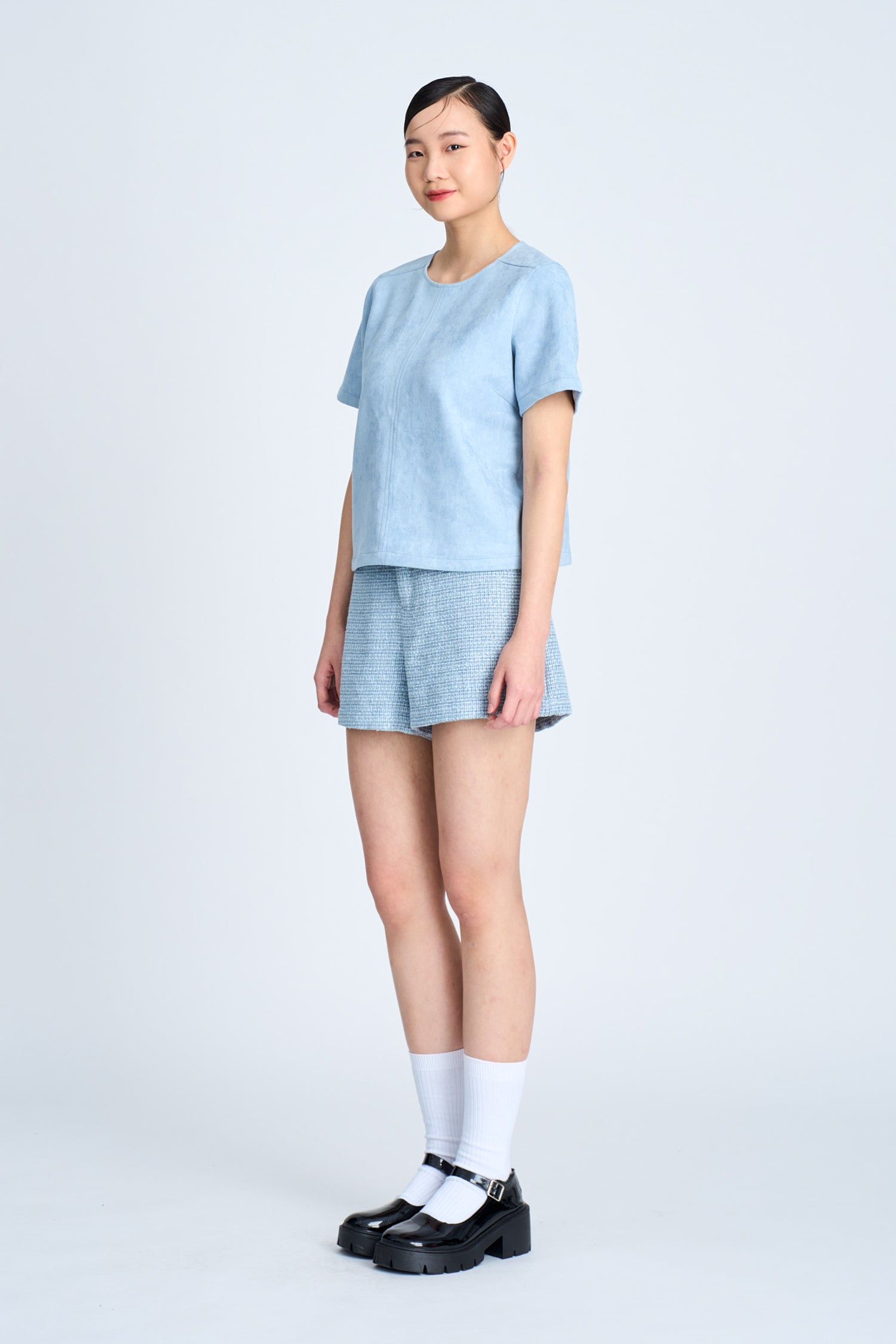 Suede Short Sleeve Blouse - Dusty Blue