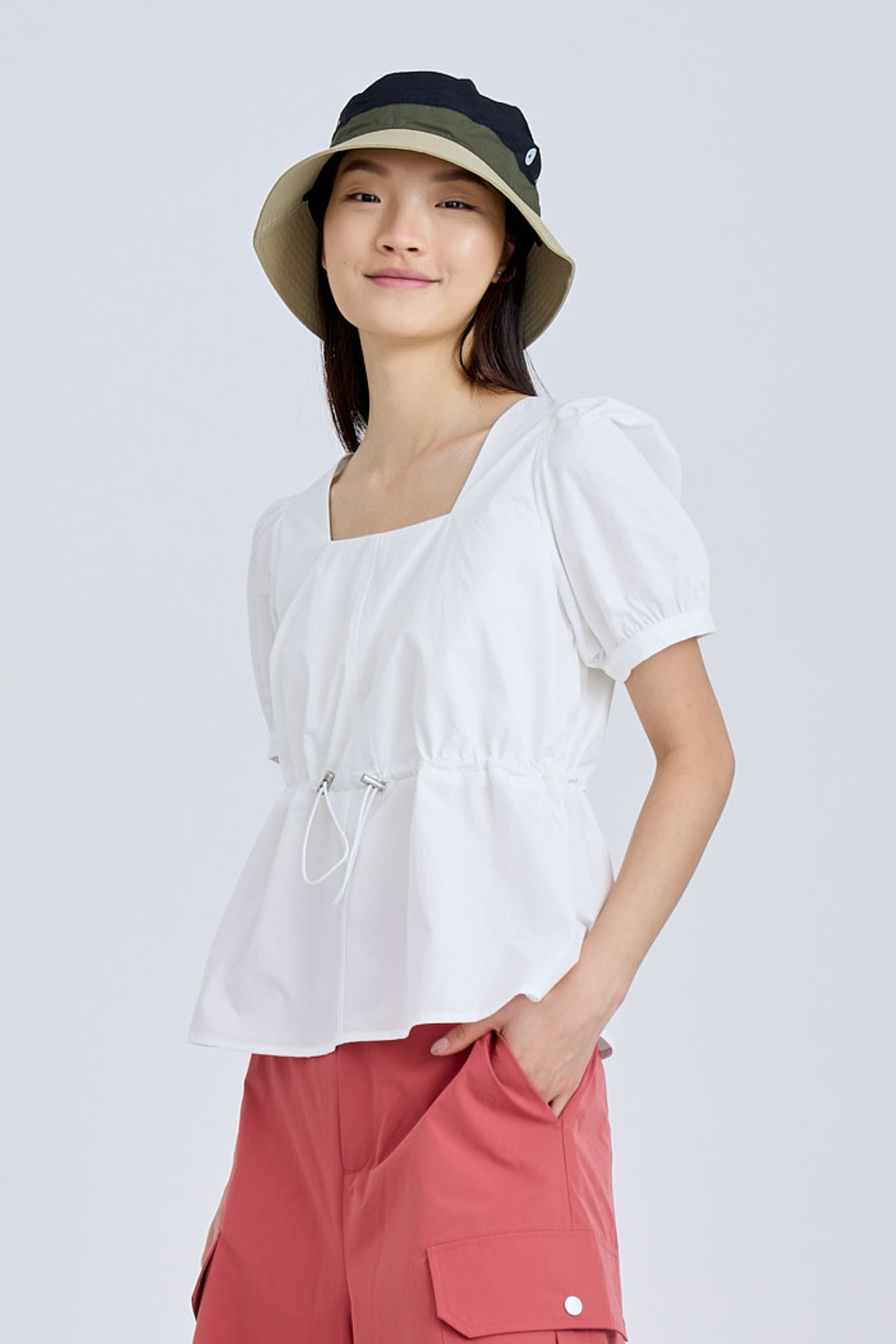 Drawcord Peplum Top - Cream