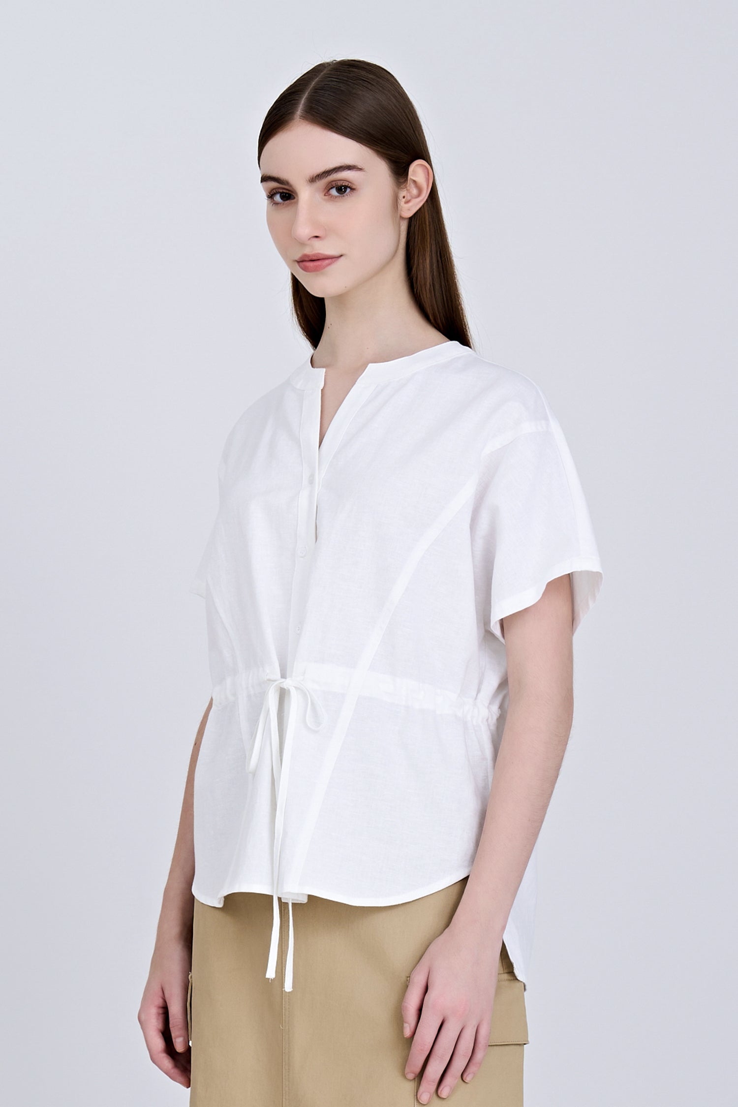 Wide Cut Drawstring Blouse - Cream