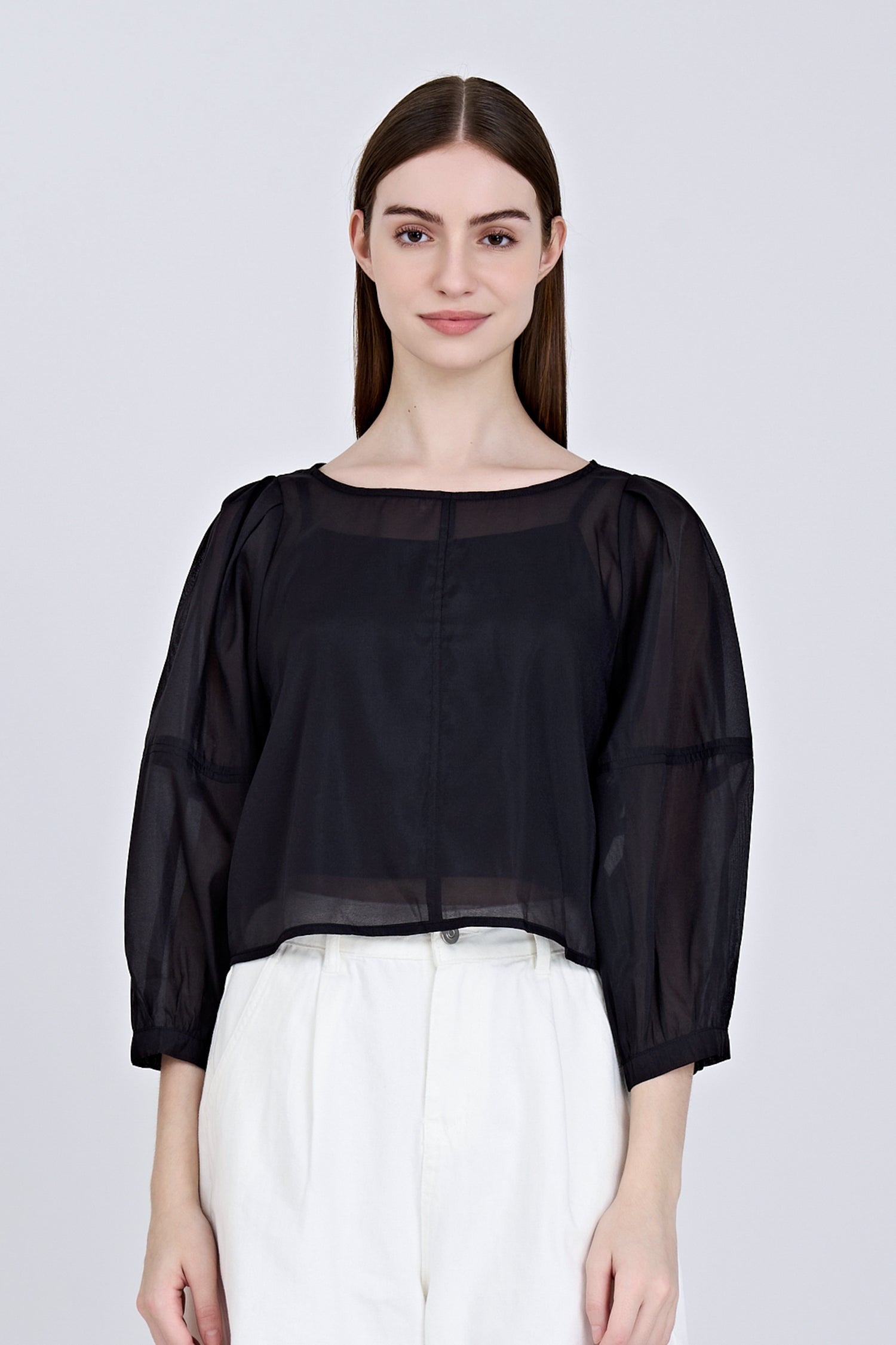 Organza Puff Sleeve Blouse - Black