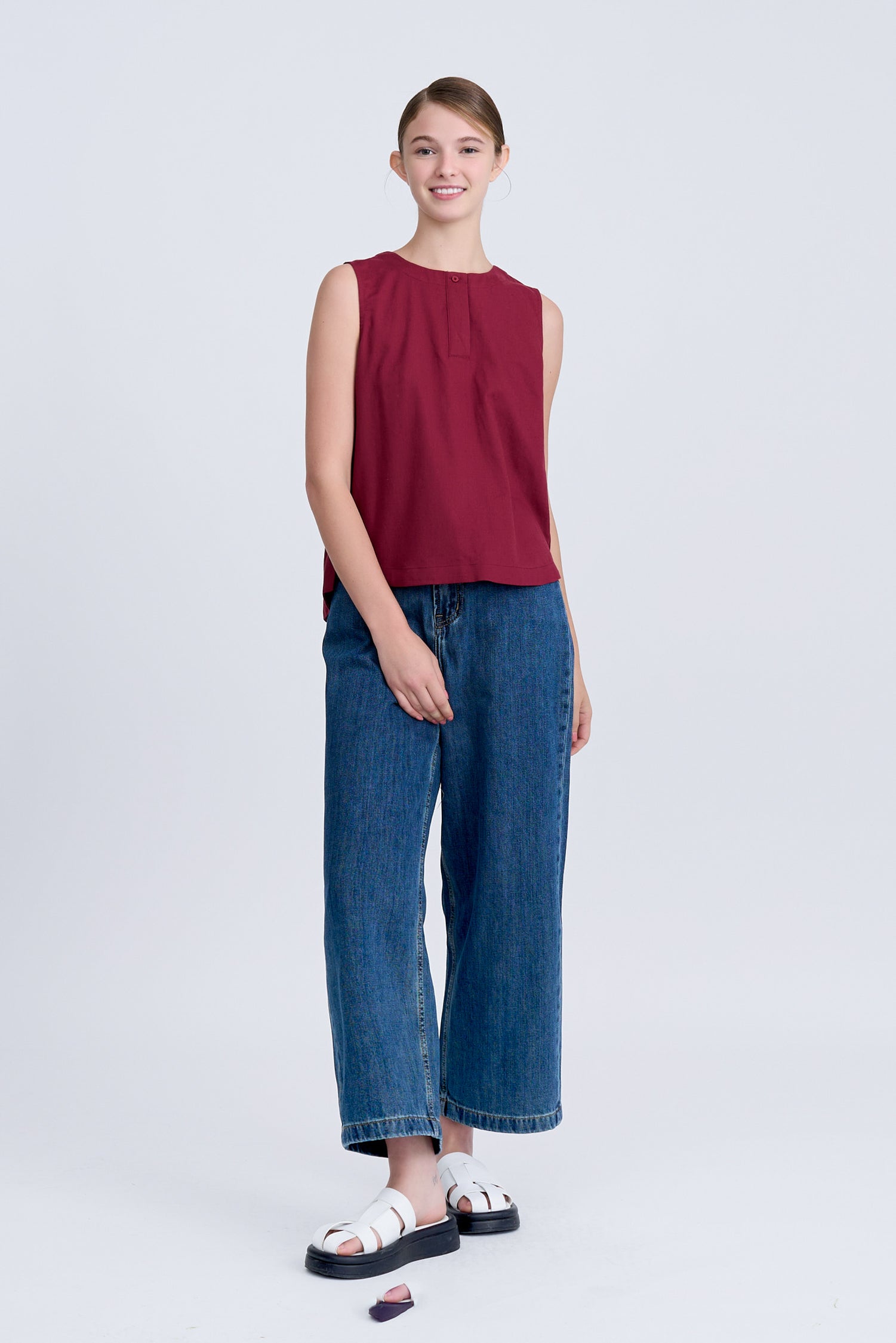 Half Placket Sleeveless Blouse - Burgundy