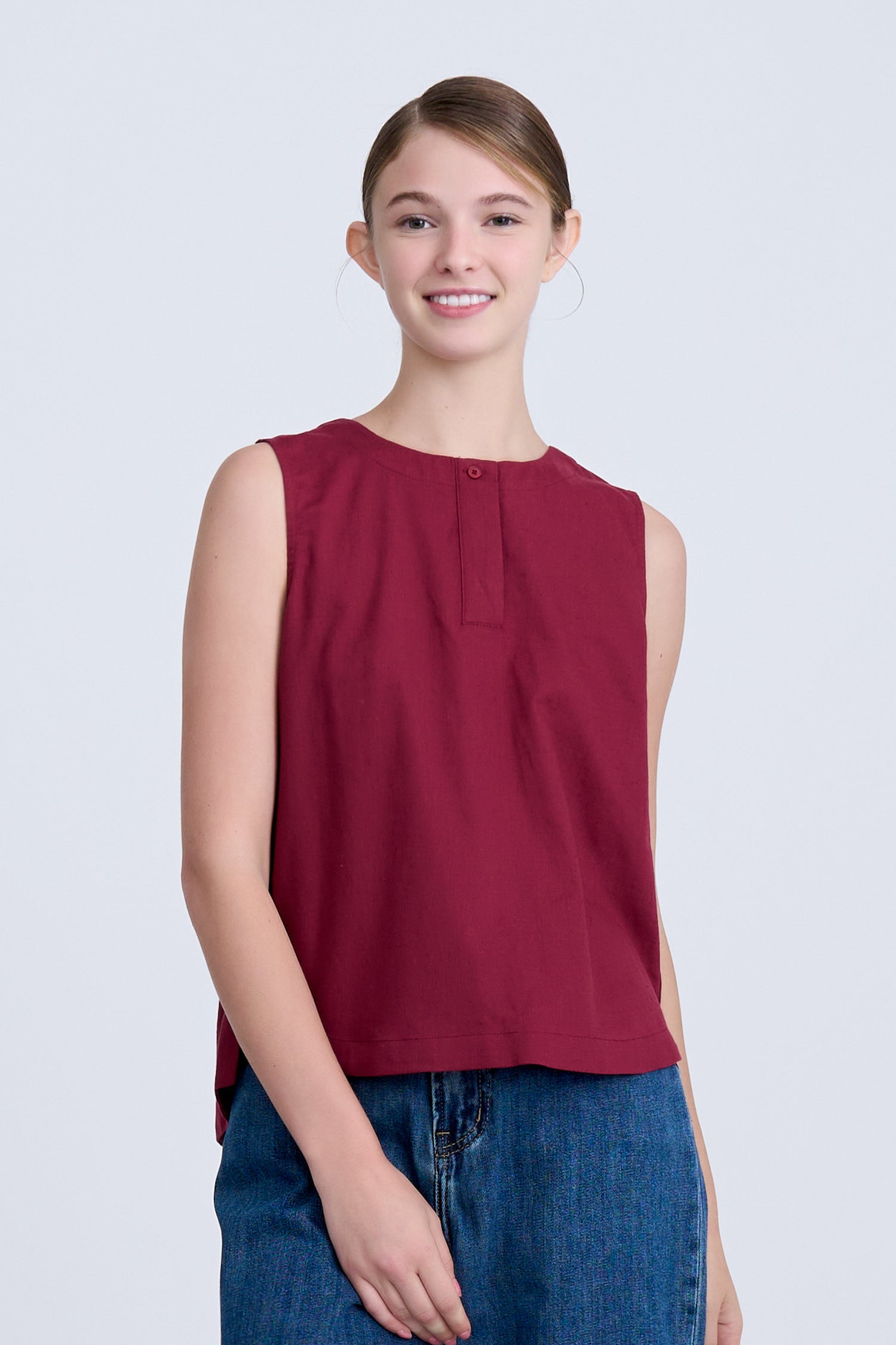 Half Placket Sleeveless Blouse - Burgundy