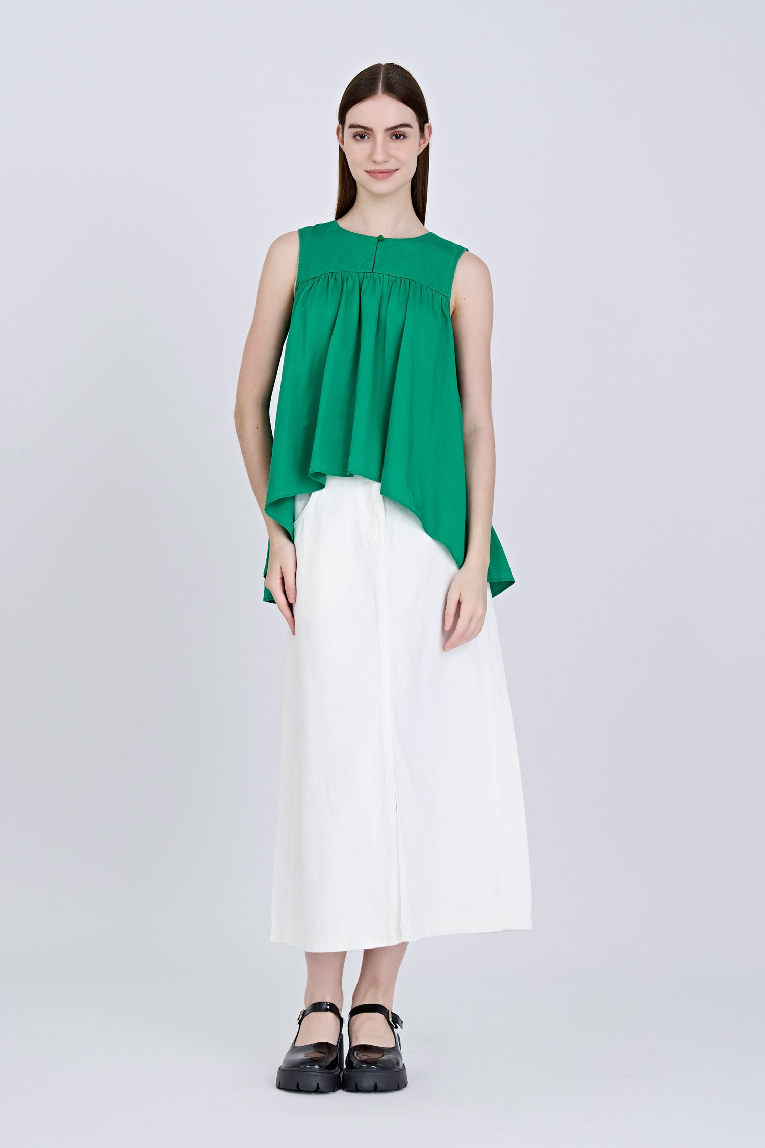 Sleeveless Gathered Flare Blouse - Green