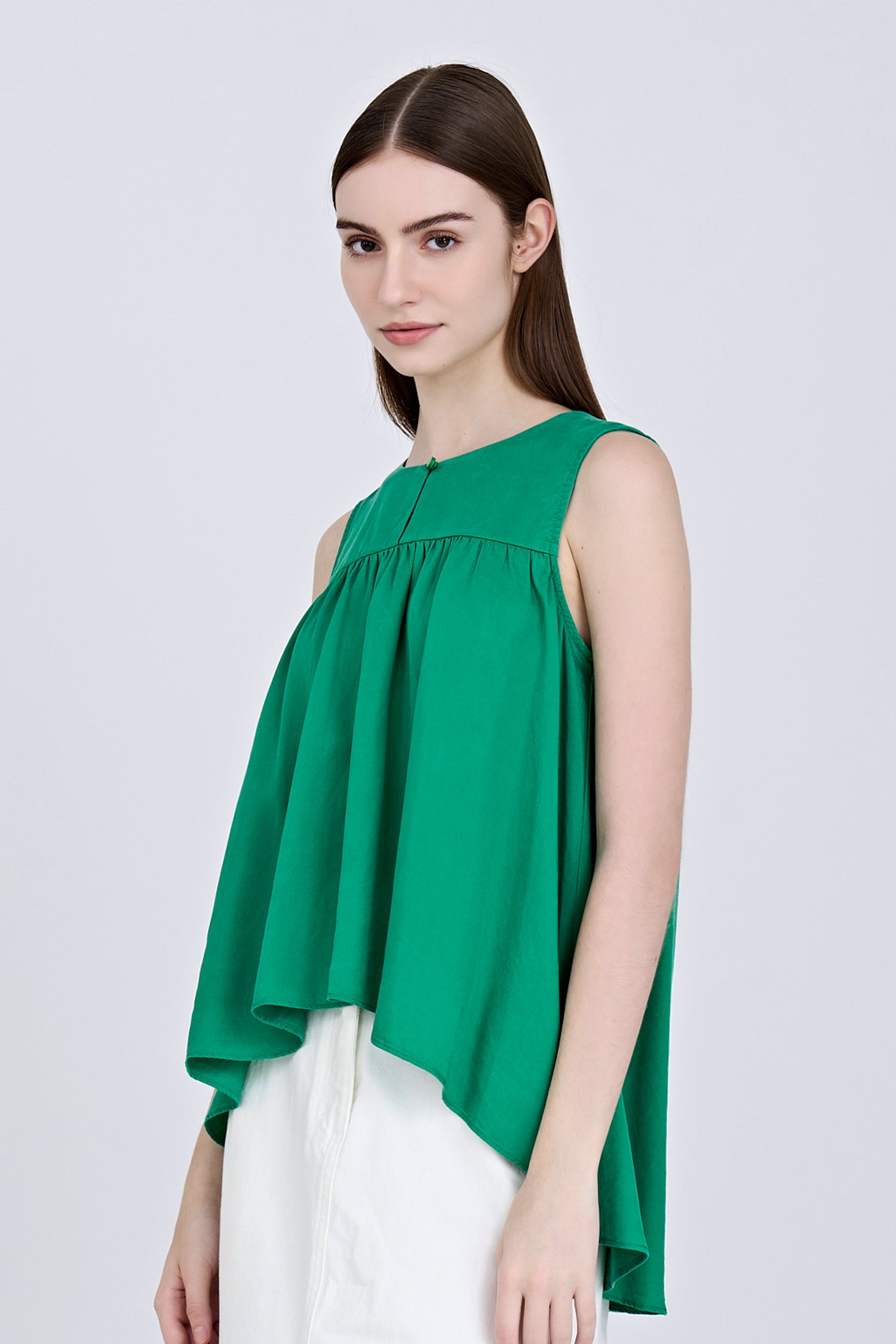 Sleeveless Gathered Flare Blouse - Green