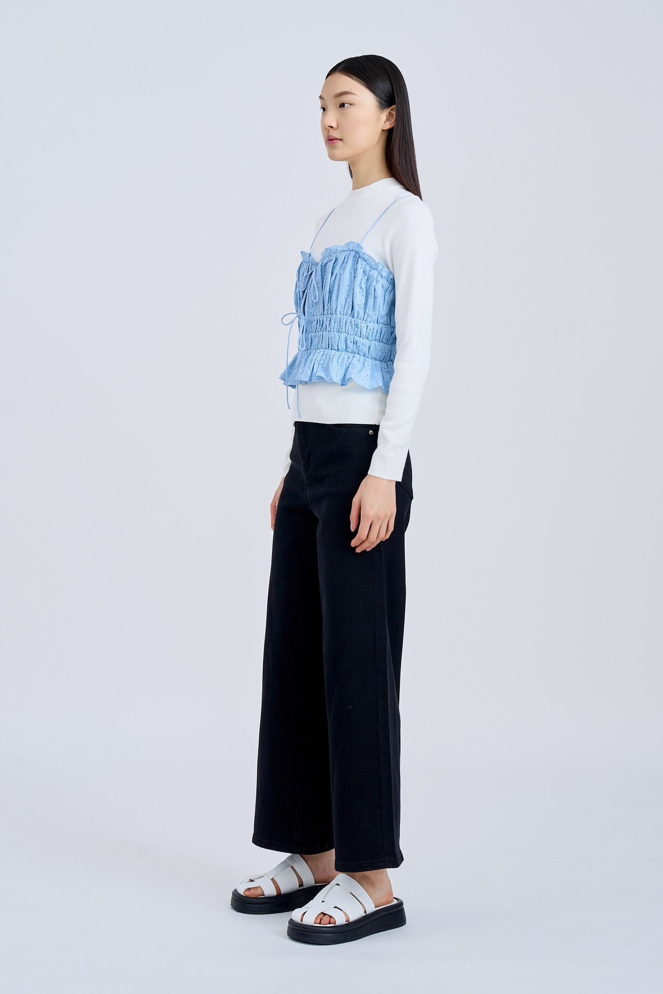 Ruffle Elasticised Ruched Top - Sky Blue