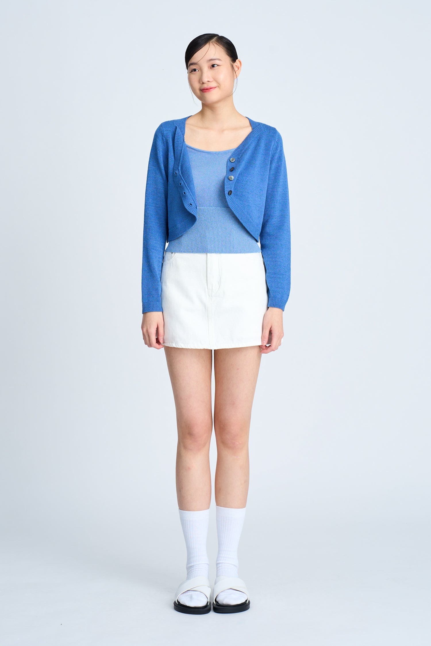 Cropped Knitted Cardigan - Denim