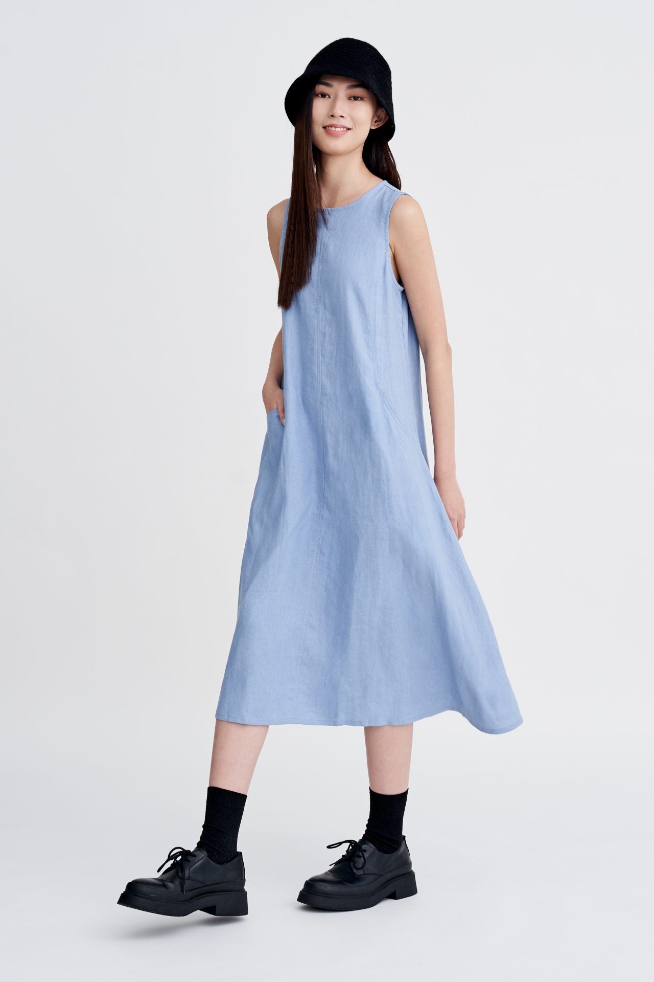 Panelled Sleeveless Dress - Dusty Blue