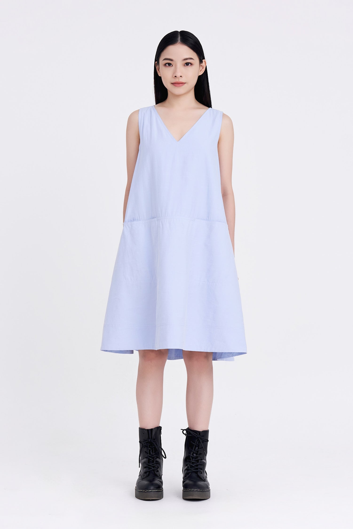 V-Neckline Sleeveless Dress - Dusty Blue