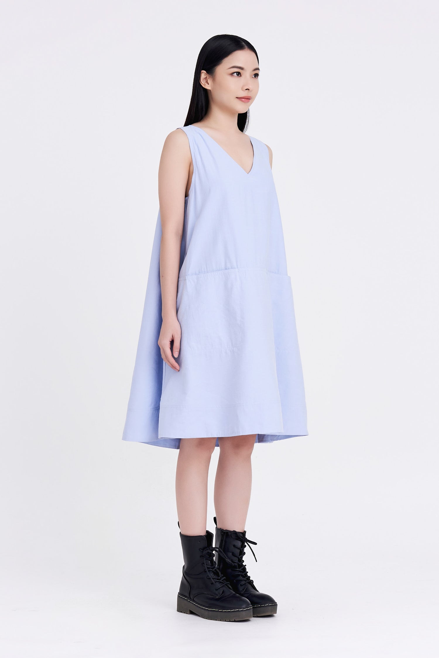 V-Neckline Sleeveless Dress - Dusty Blue