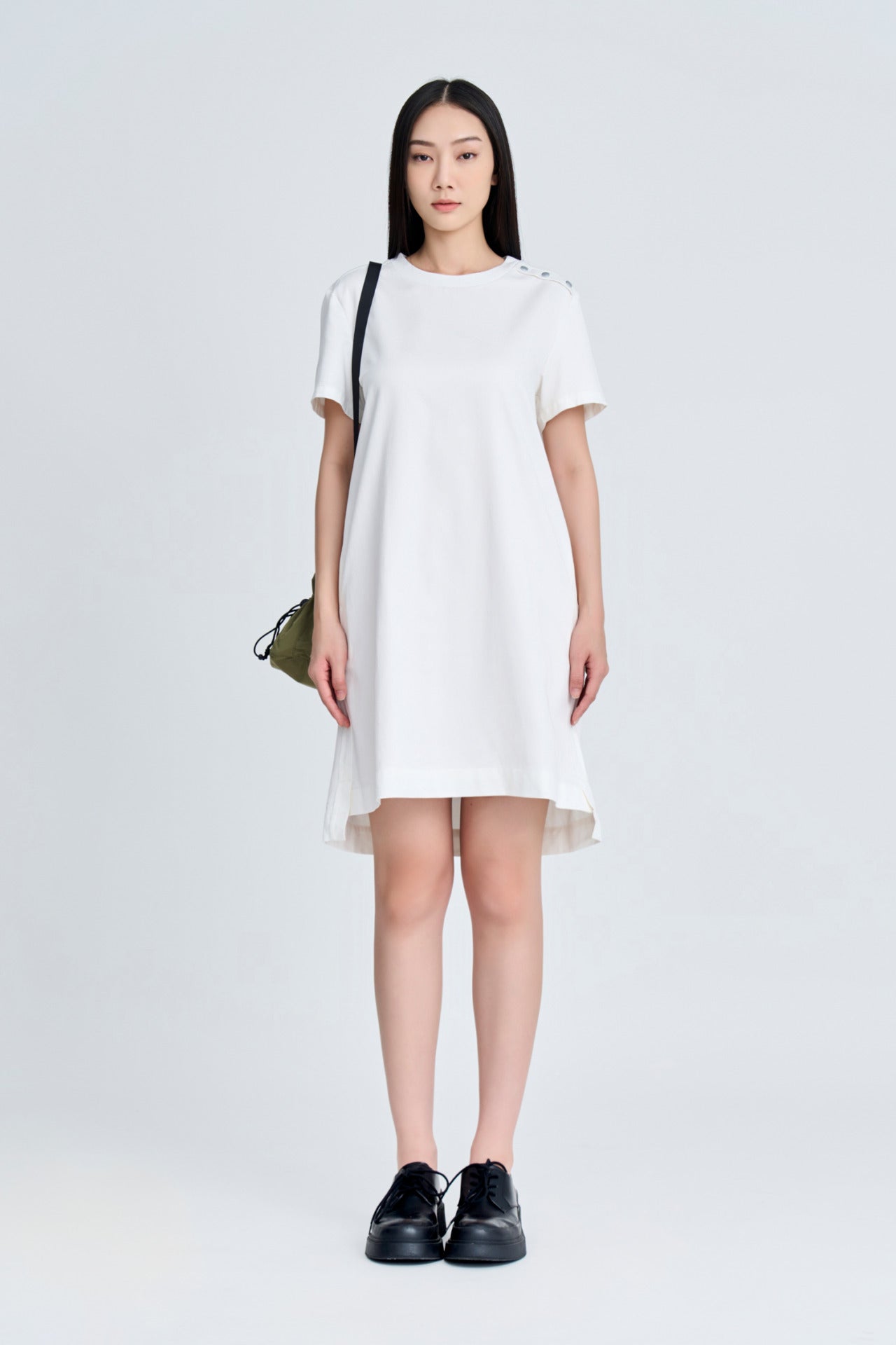 Cotton Poly Snap Button Dress - Cream