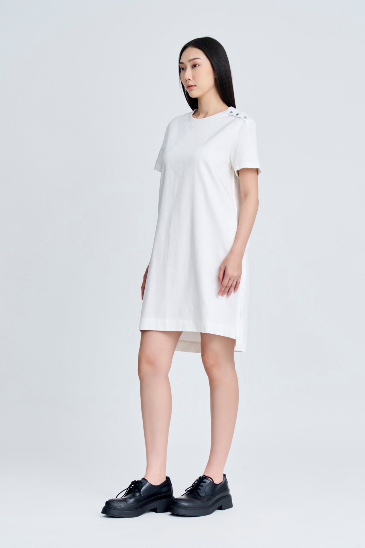 Cotton Poly Snap Button Dress - Cream