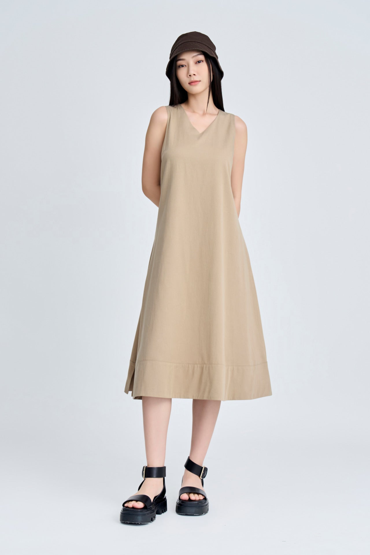 V-Neck Sleeveless Dress - Khaki