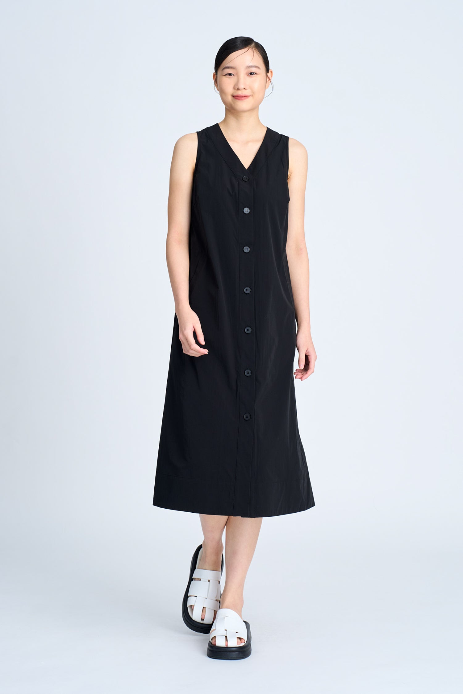 V-Neck Button Down Dress - Black