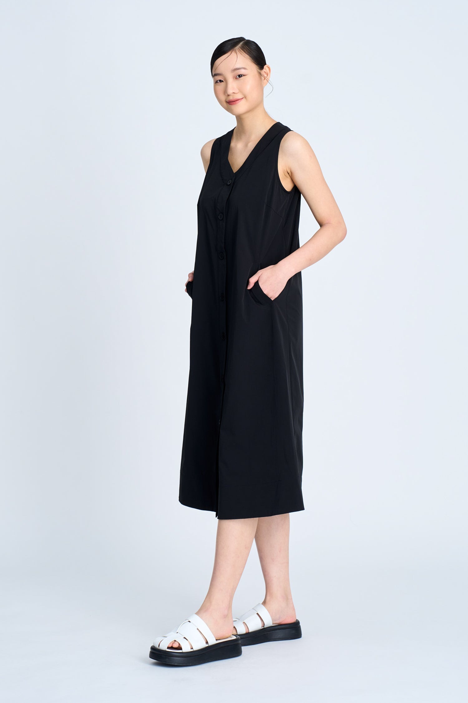 V-Neck Button Down Dress - Black