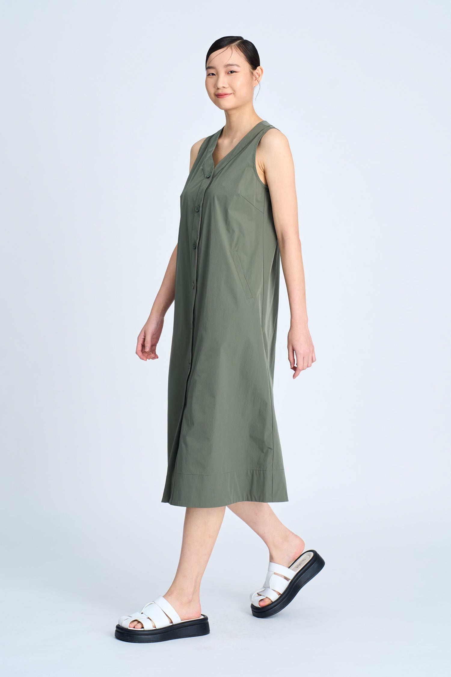 V-Neck Button Down Dress - Khaki Green