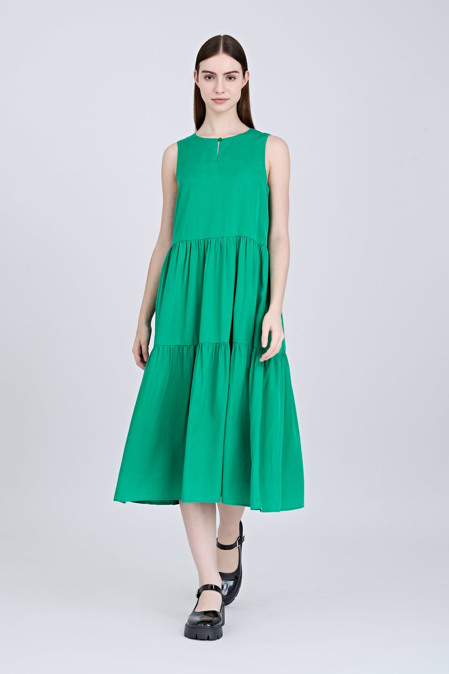 Sleeveless Gathered Tier Dress - Green