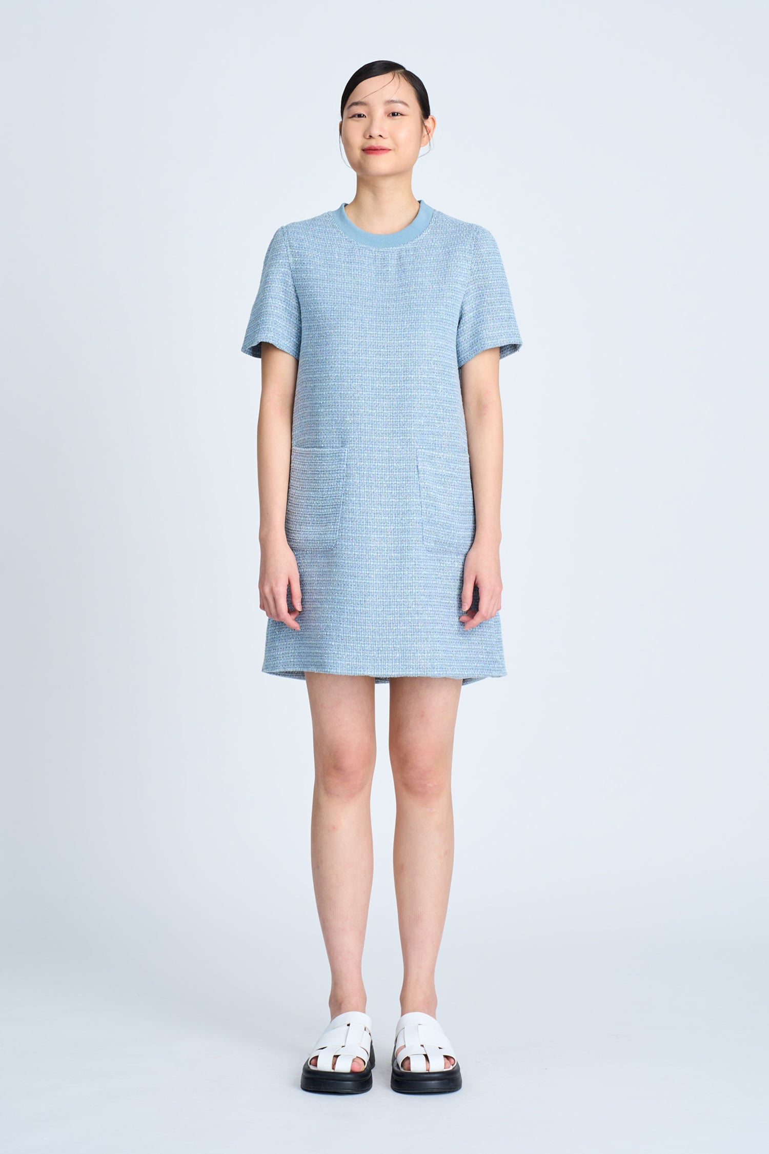 Tweed Short Sleeve Dress - Dusty Blue