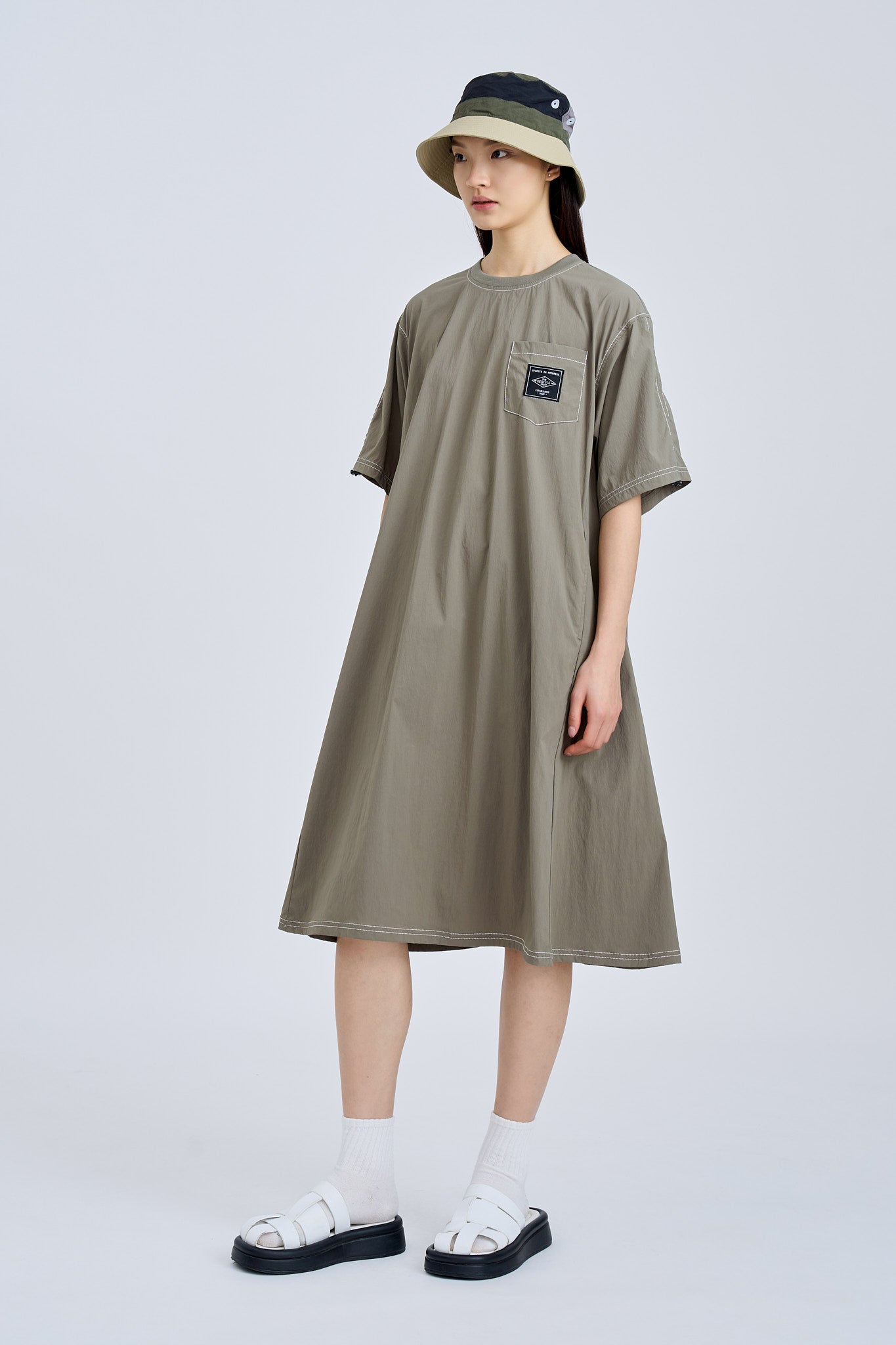 Short Sleeve Tent Dress - Khaki Green