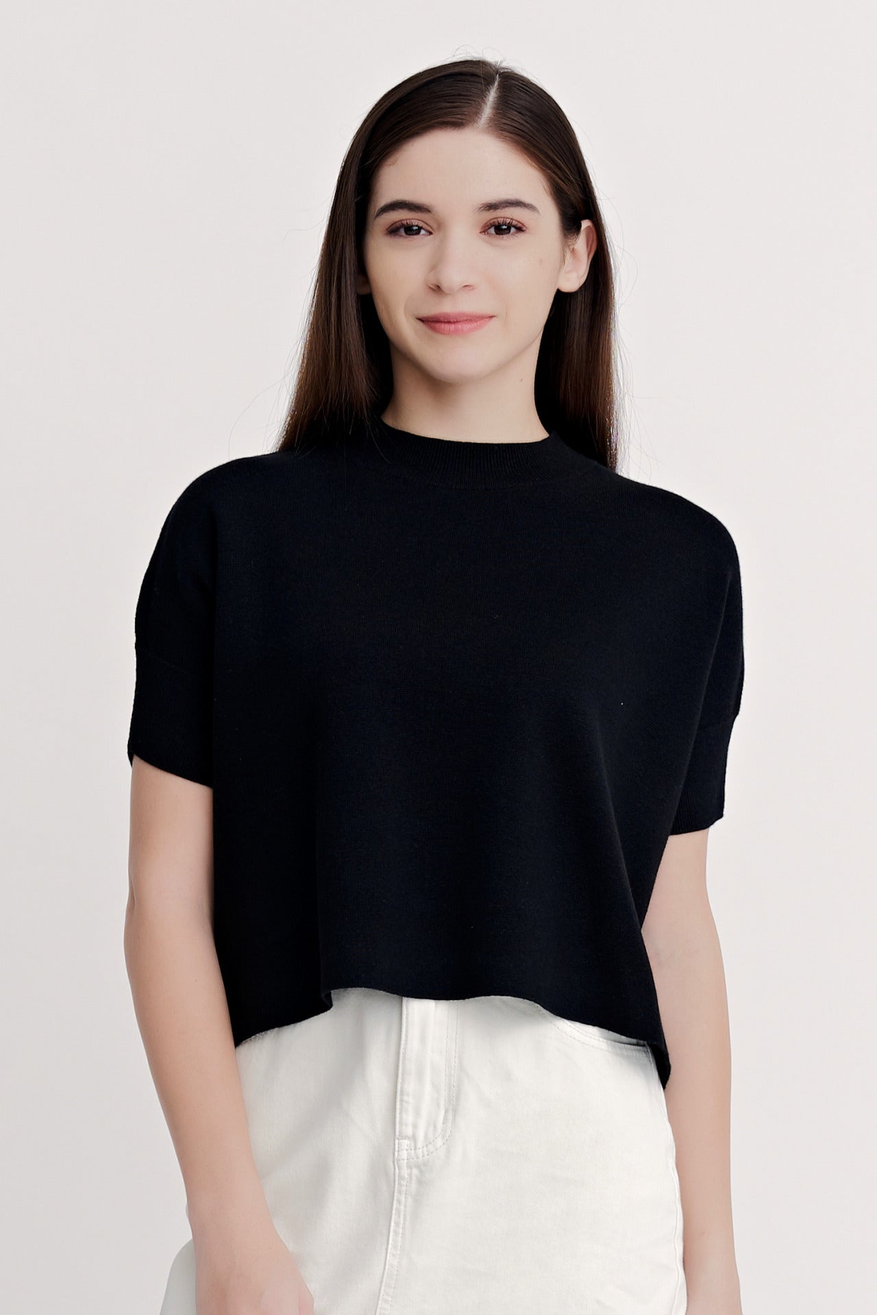 Wide Cut Knit Top - Black