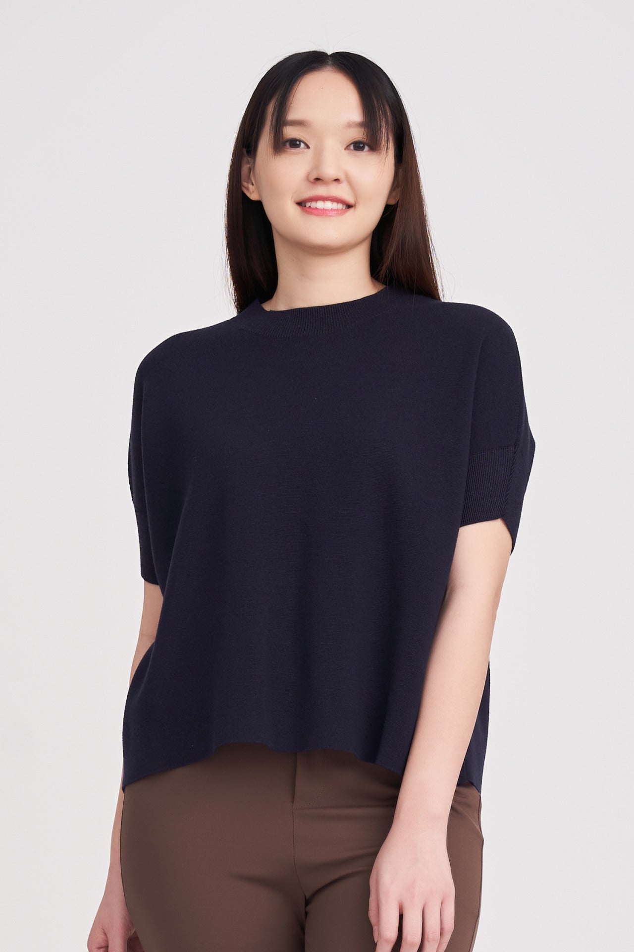 Wide Cut Knit Top - Navy