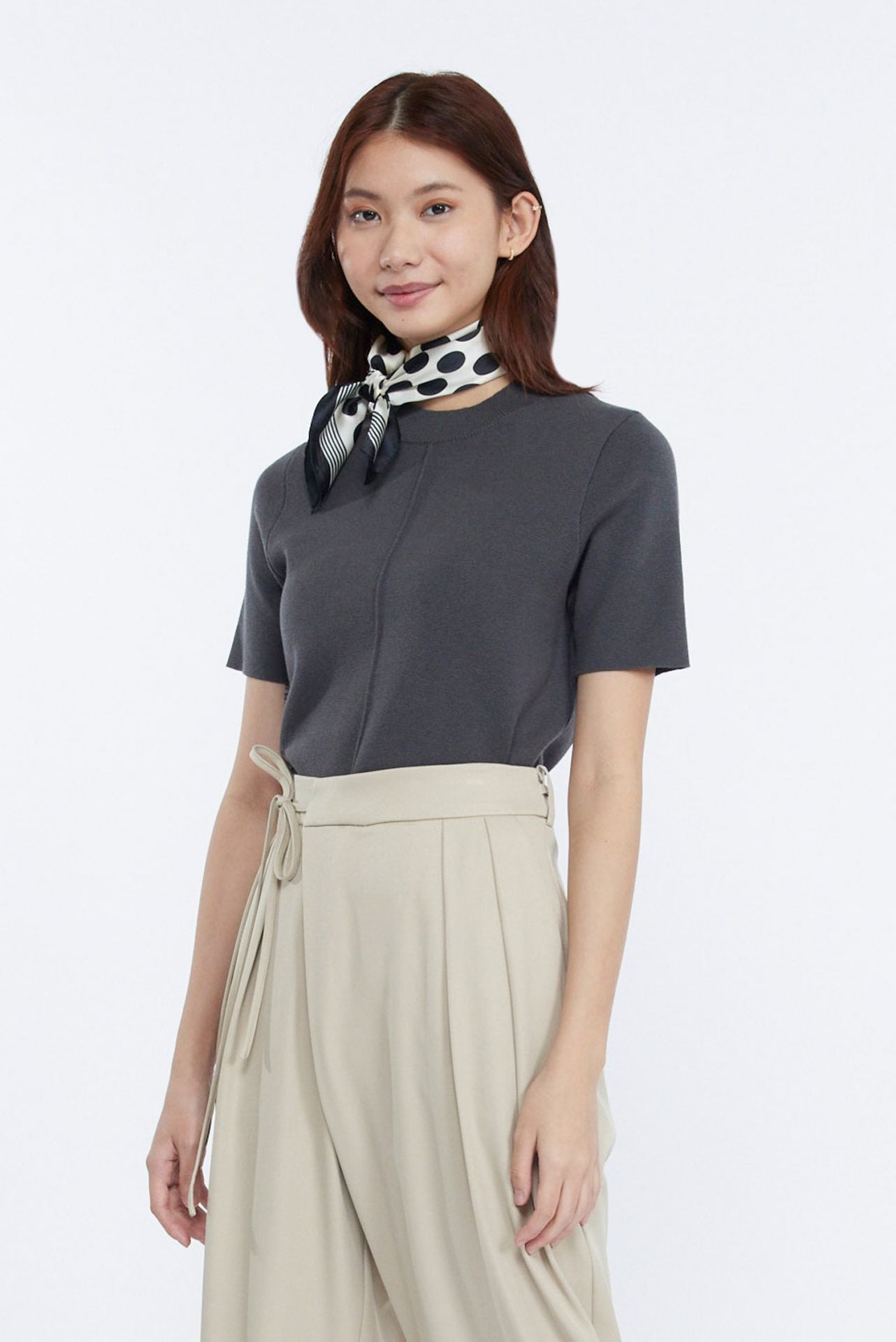 Knitted Ribbed Collar Top - Charcoal