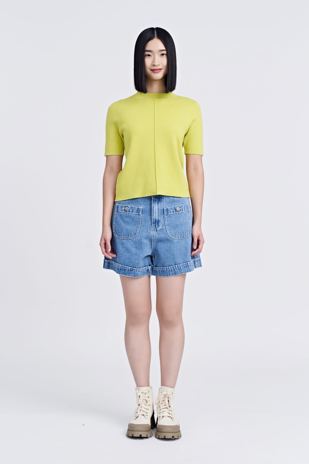 Knitted Ribbed Collar Top - Chartreuse