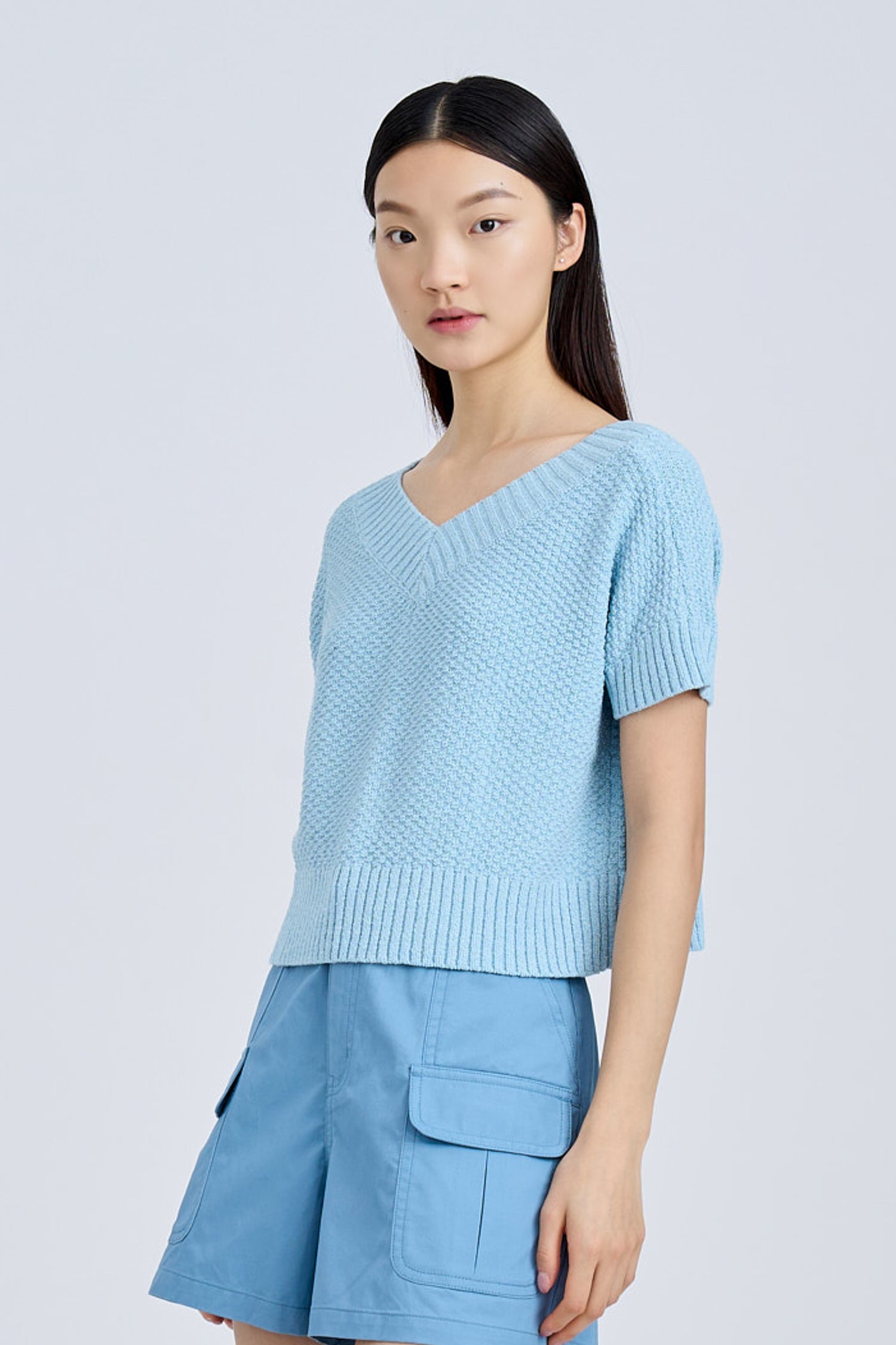 Knitted Cap Sleeve Two Way Top - Sky Blue