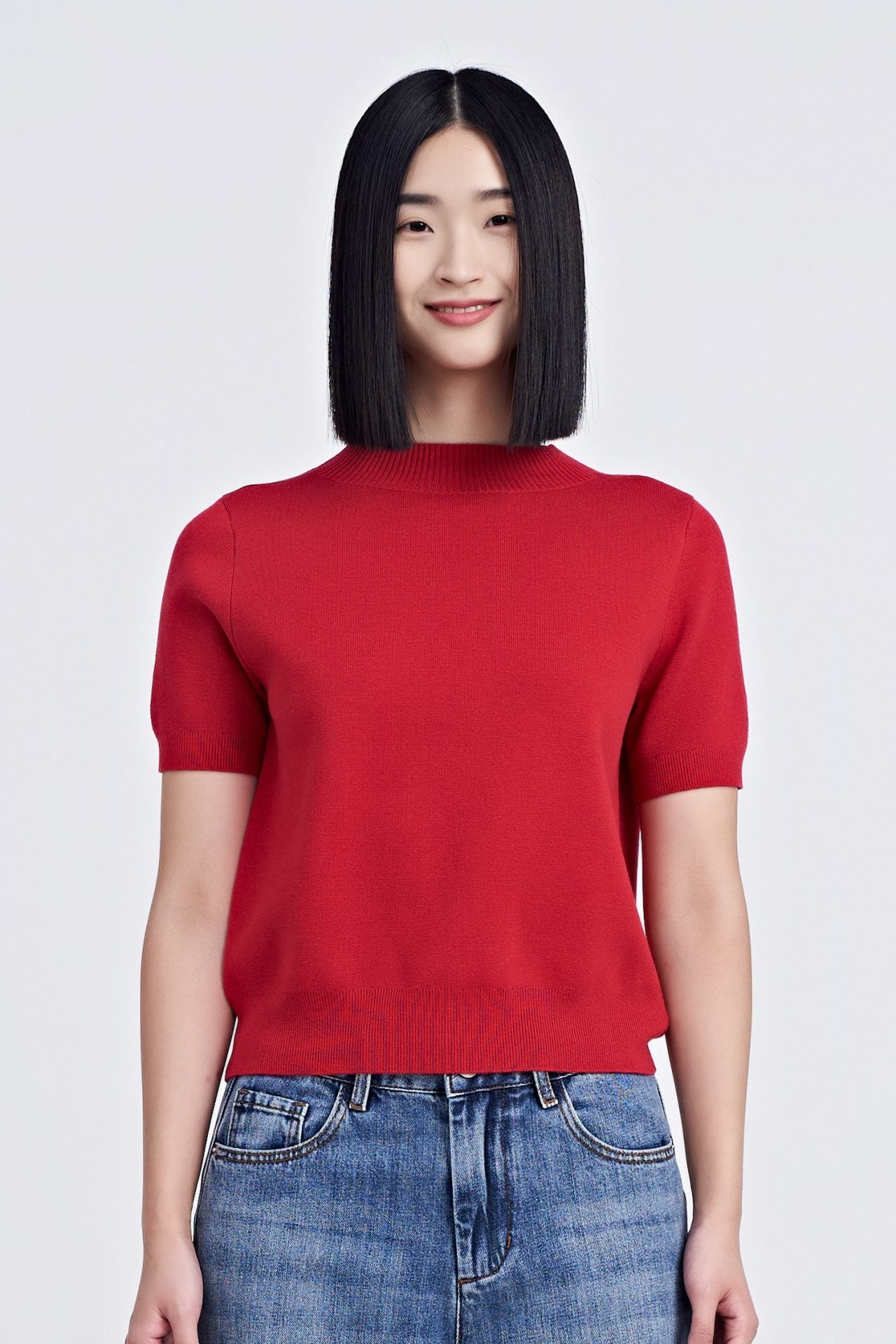 Knitted Ribbed Collar Top - Red