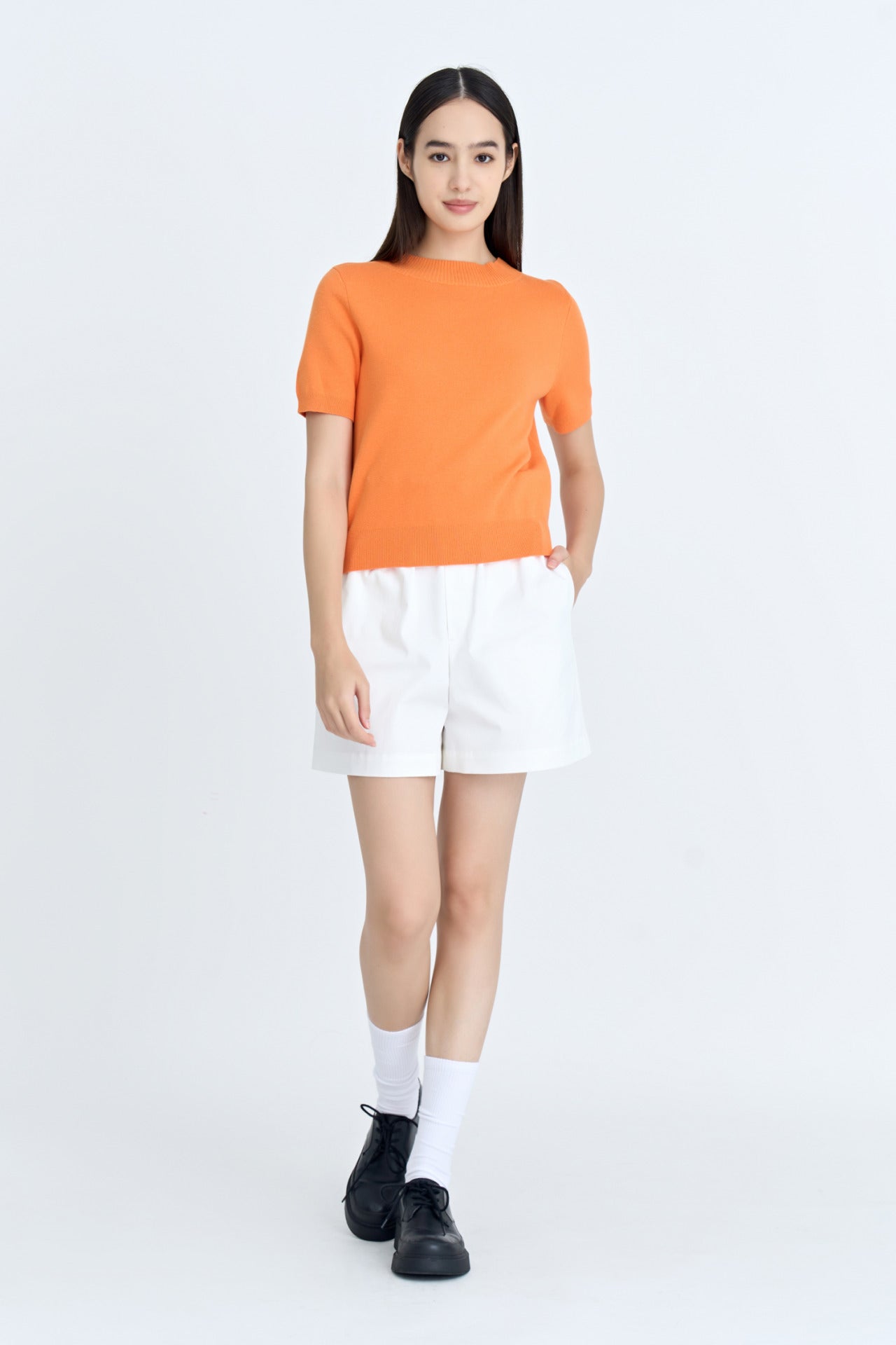 Knitted Ribbed Collar Top - Tangerine