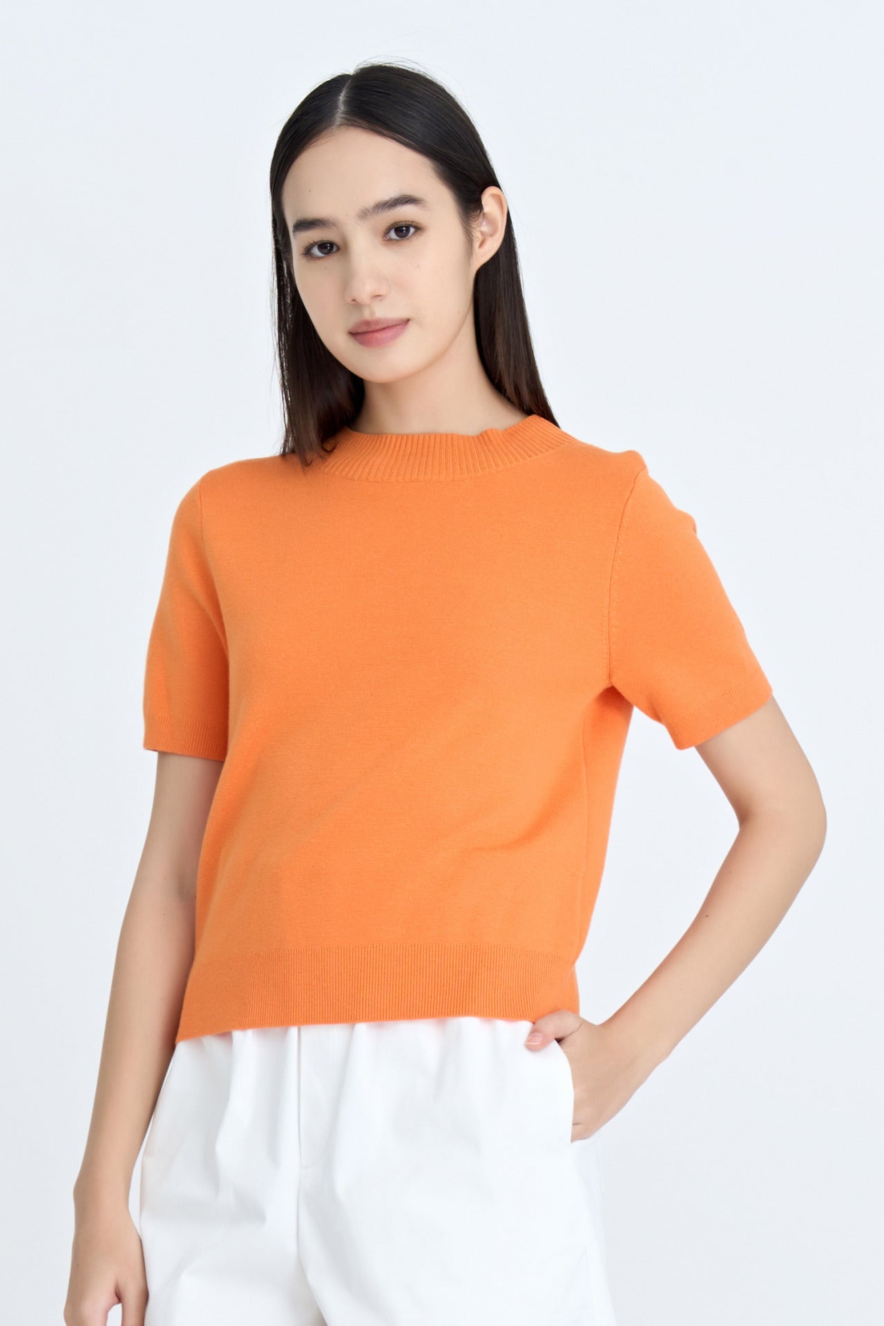 Knitted Ribbed Collar Top - Tangerine