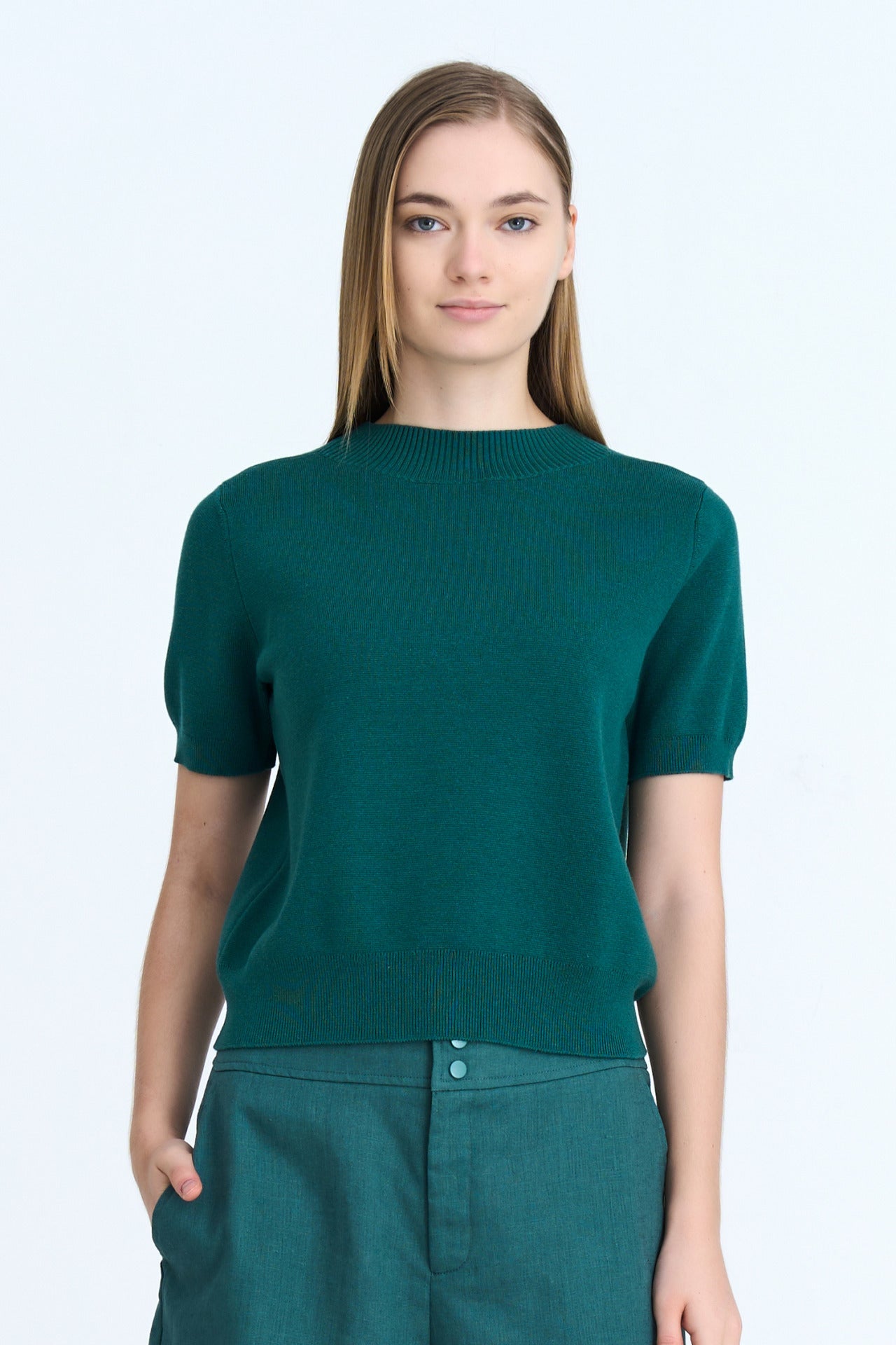 Knitted Ribbed Collar Top - Teal Green