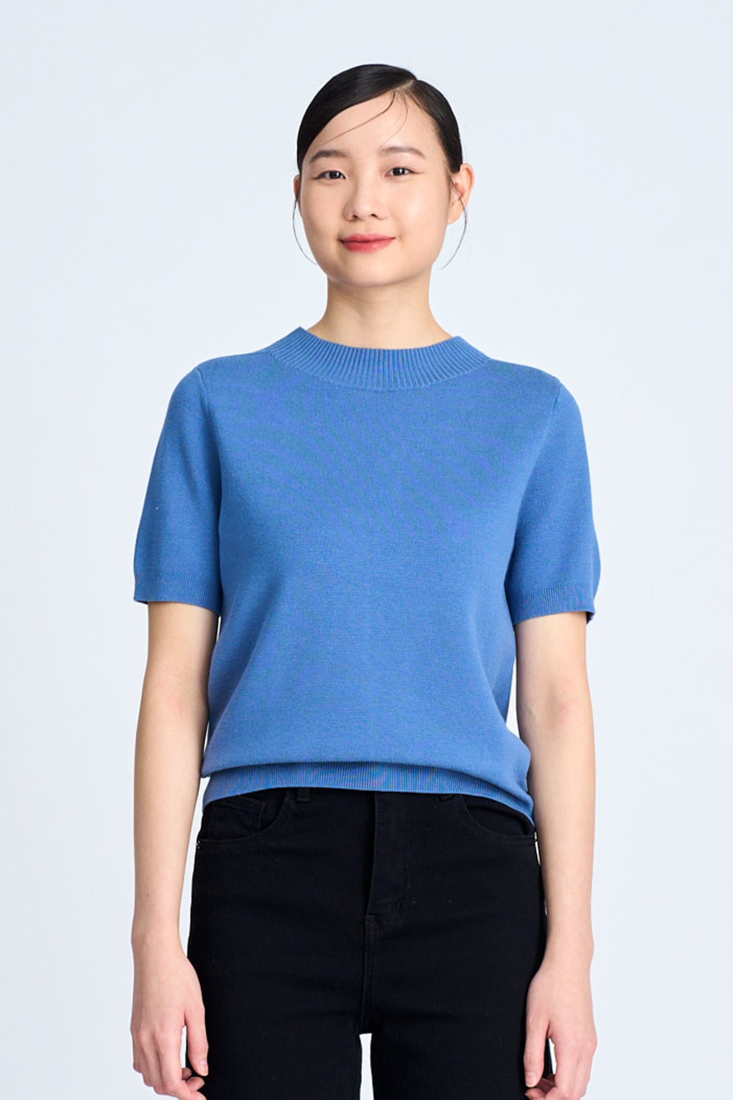 Knitted Ribbed Collar Top - Denim Blue