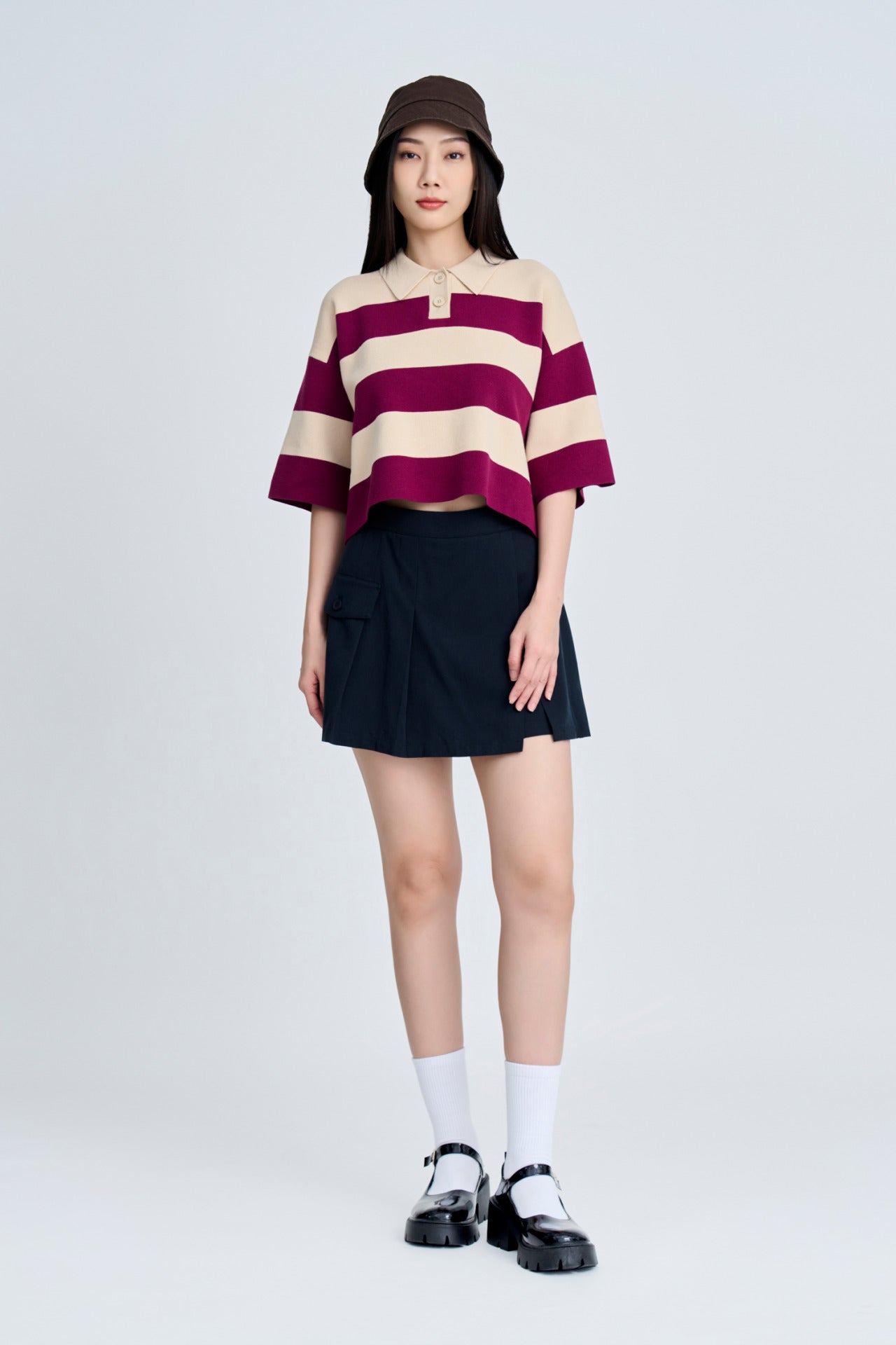 Knitted Striped Rugby Sweater - Striped Plum