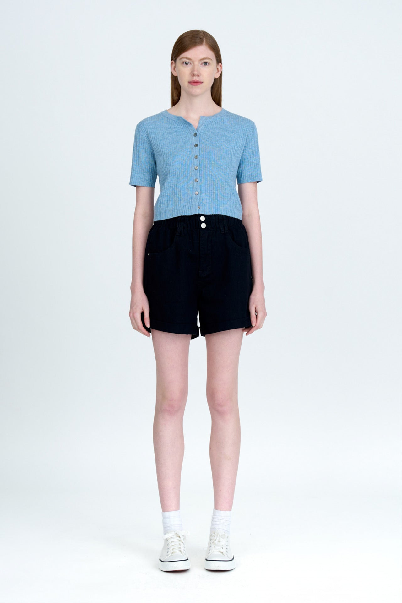 Knitted Button Front Top - Dusty Blue