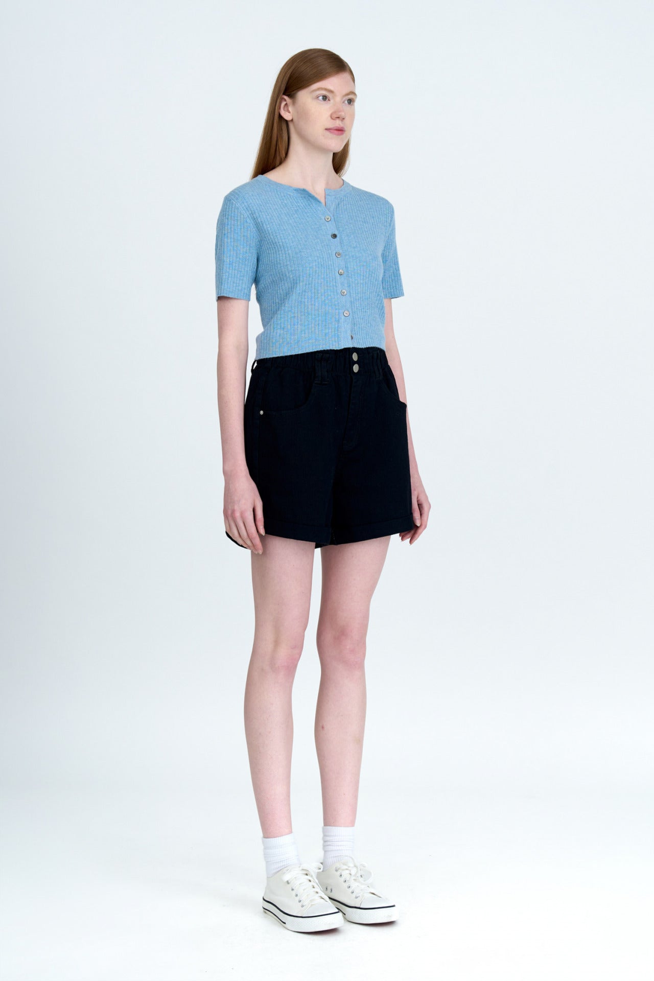 Knitted Button Front Top - Dusty Blue