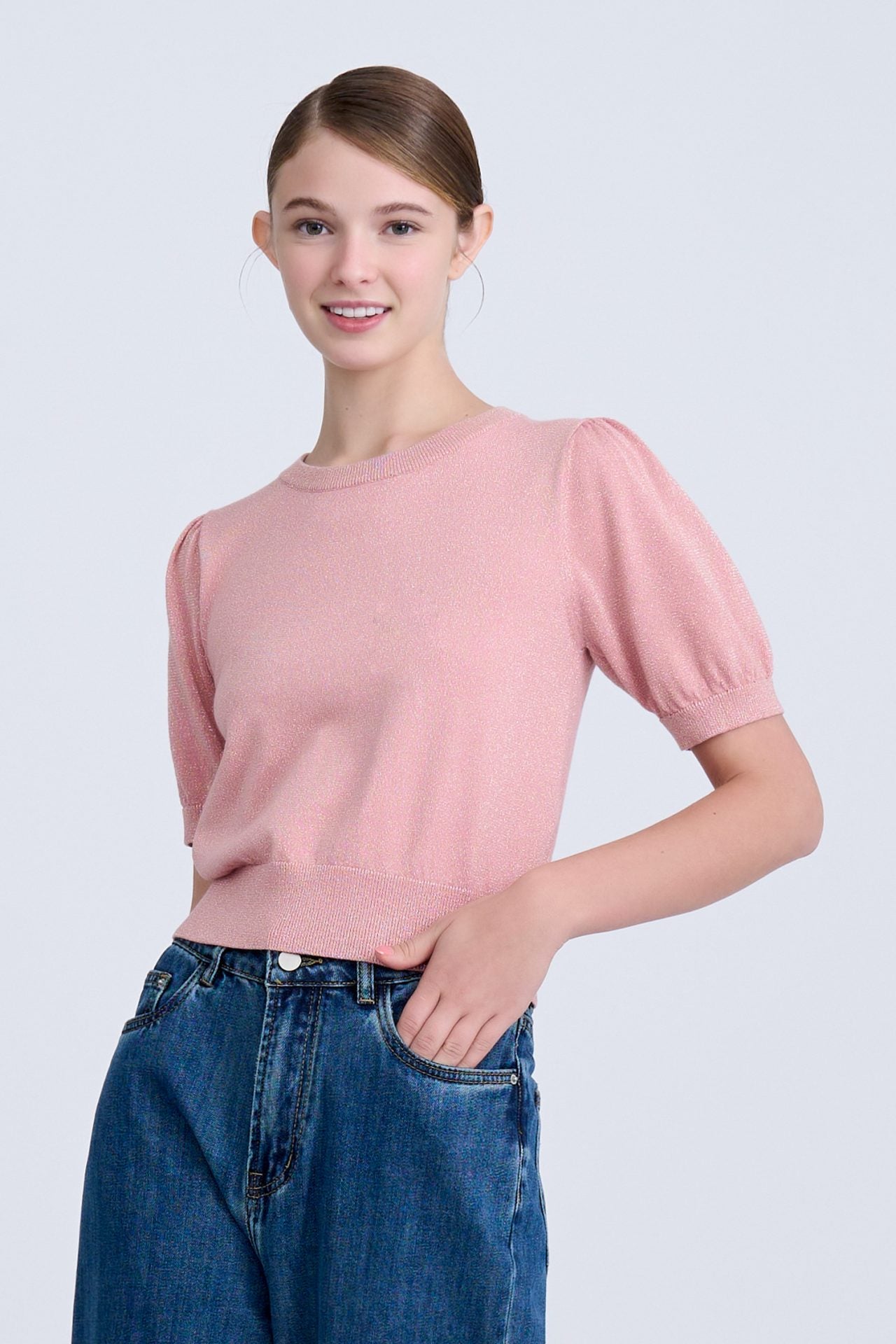 Knitted Puff Sleeve Shimmer Top - Shimmer Blush