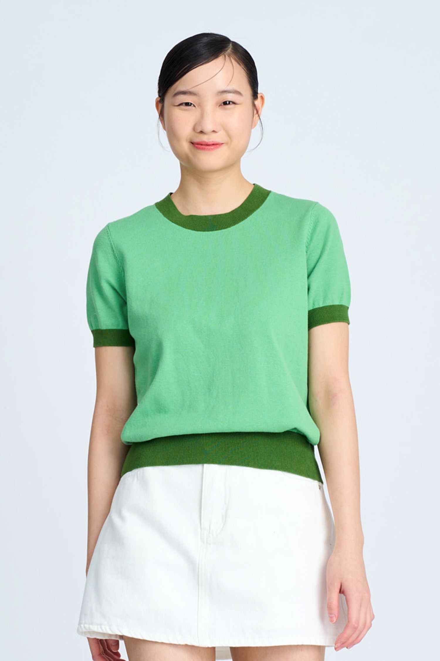 Knitted Contrast Collar Top - Clover Green