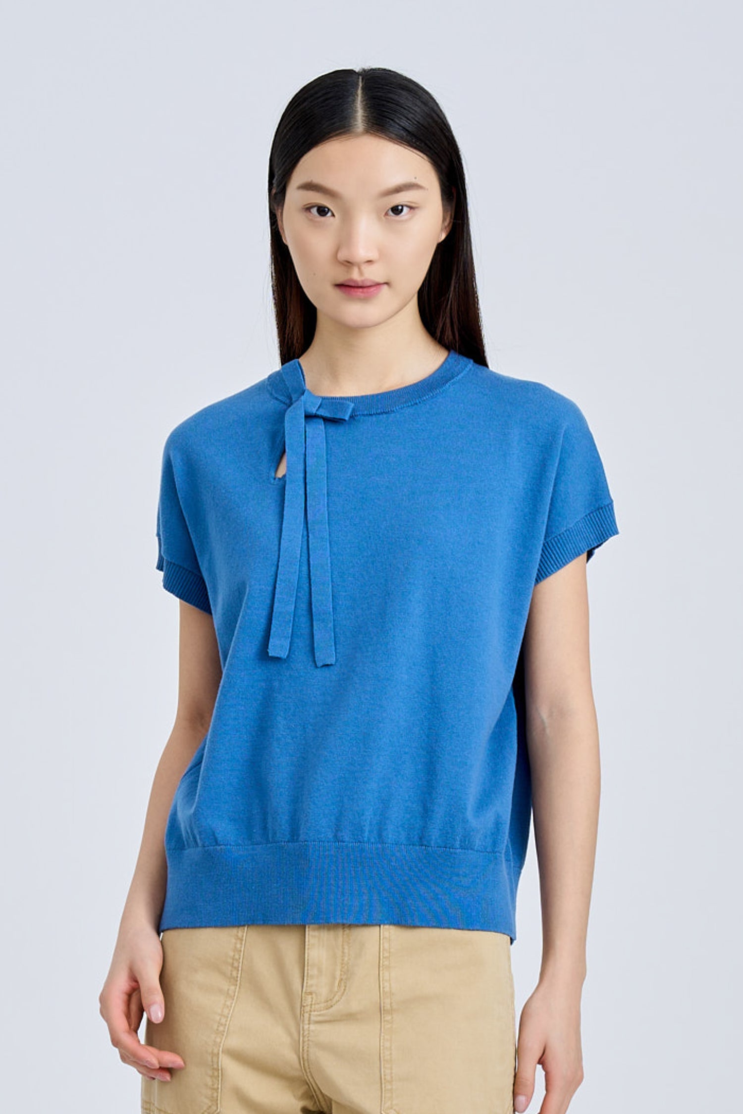 Knitted Bow Top - Denim Blue